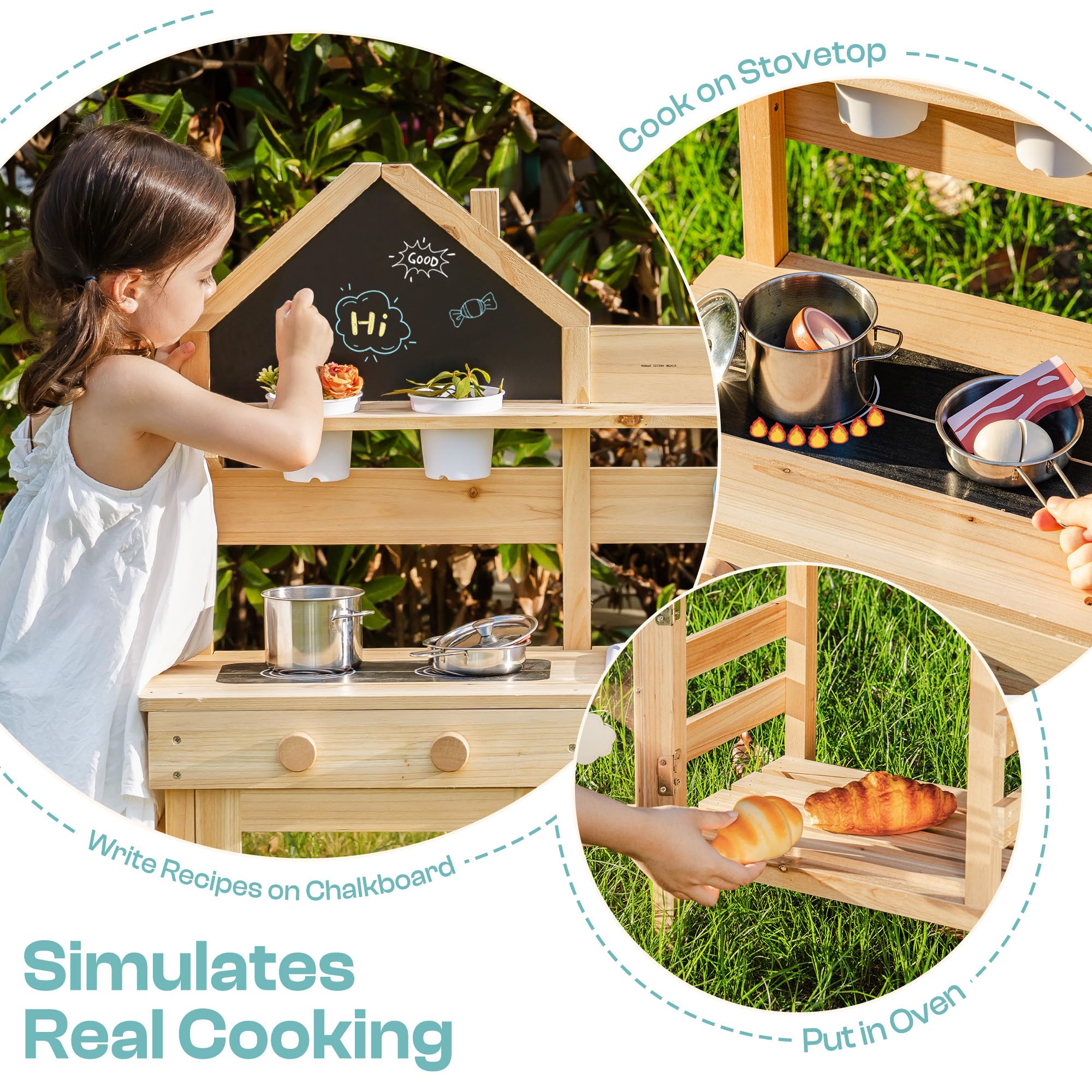 ROBOTIME Kinder Matschküche aus Holz mit Spüle, Tafel, Herd, Wasserhahn, Kochgeschirr & Stauraum – Outdoor Spielküche für Jungen & Mädchen ab 3 Jahren