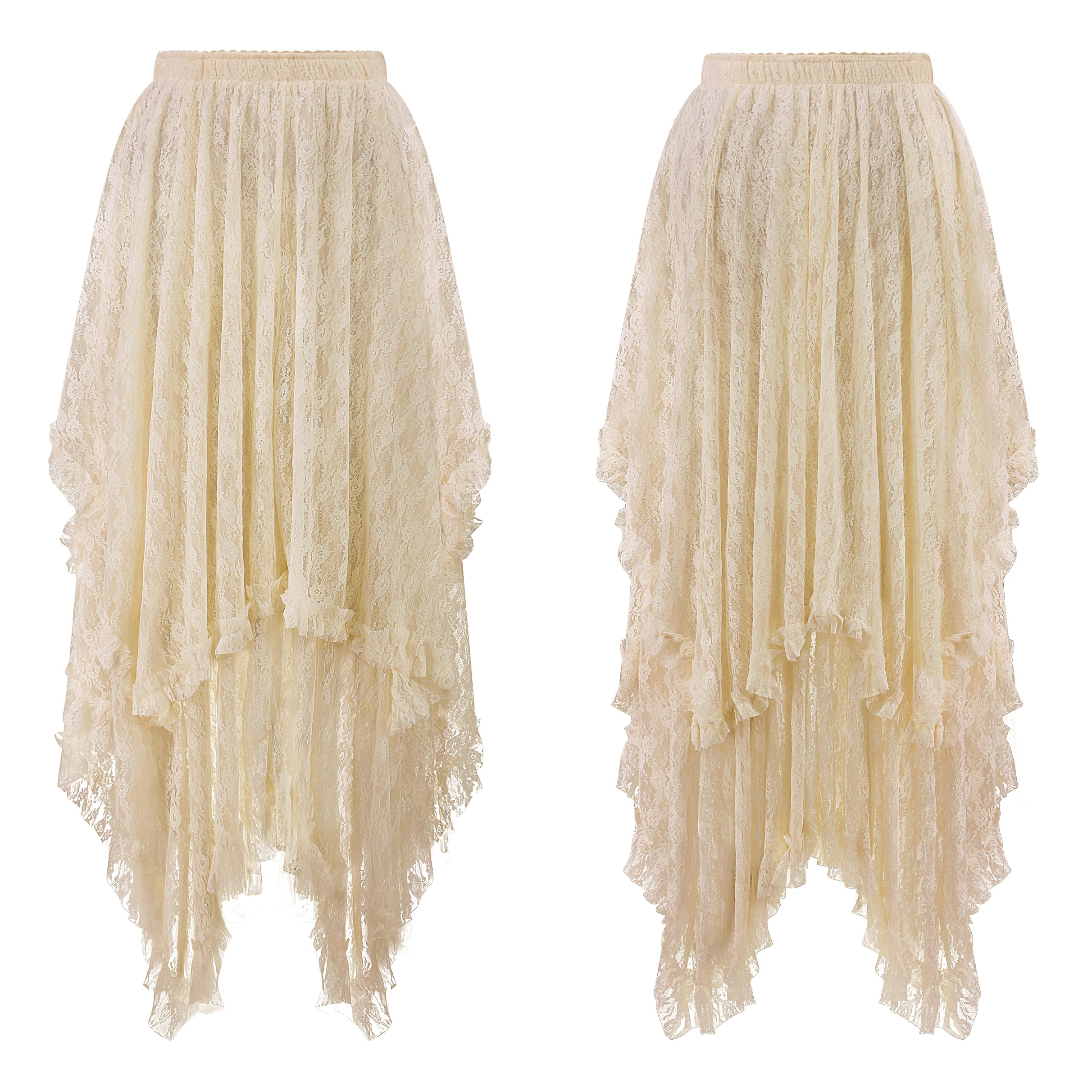 R.Vivimos Femmes d'été bohème Dentelle Beach burket Jupe Longue Semi Transparente Swing Volante irrégulière Ourlet Jupe Longue