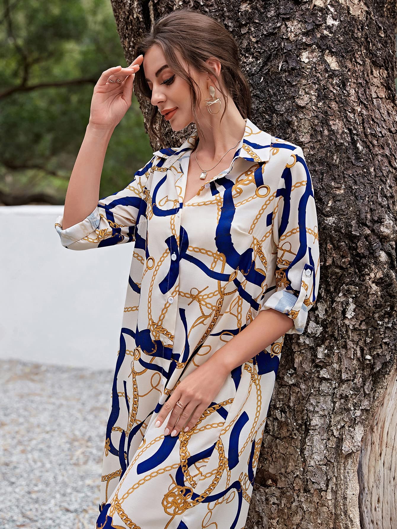 Amazon.com: Neeno Women's Dresses Chain Print Button Up Shirt Dress Dress  for Women (Color : Multicolor, Size : Large) : Clothing, Shoes & Jewelry
