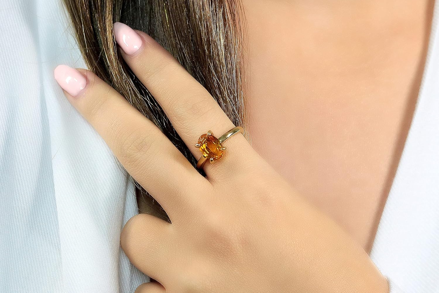 Dainty Yellow Citrine Ring - Delicate Oval Birthstone Ring for Women - Engagement, Promise, Gemstone Jewelry - Custom Material & Size - with Box