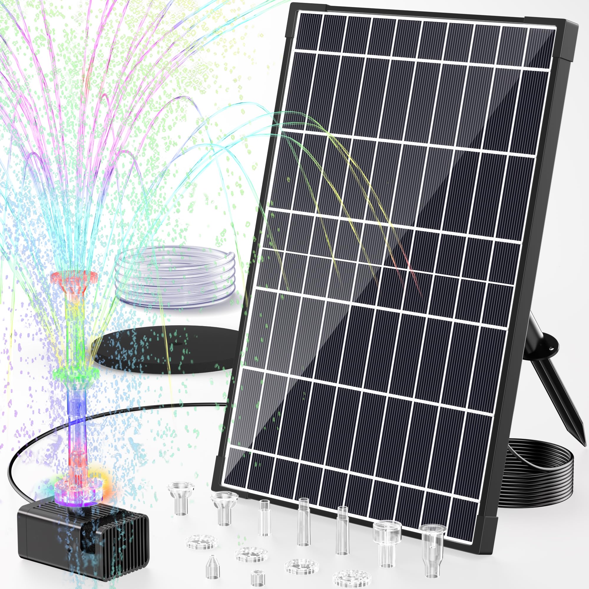 POPOSOAP Solar Springbrunnen mit 4200mAh Akku, Bunte LED-Leuchten & Fernbedienung, Solarbrunnen für Vogelbad, Aquarium, Gartenteich und Außenwasserfunktionen