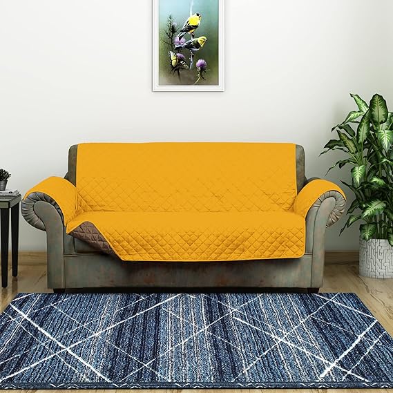 @home by Nilkamal Reversible 2 Seater Polyester Sofa Cover, Mustard & Brown Reversible Quilted Sofa Cushion Couch Cover, Furniture Chair Slipcover Protector, Washable Couch Cover with Non Slip Foam for Kids, Dogs, Pets