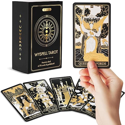 Wyspell Cartas de tarot clásicas con libro guía – 78 cartas doradas para principiantes – Barajas de tarot negras con guía – Baraja de cartas