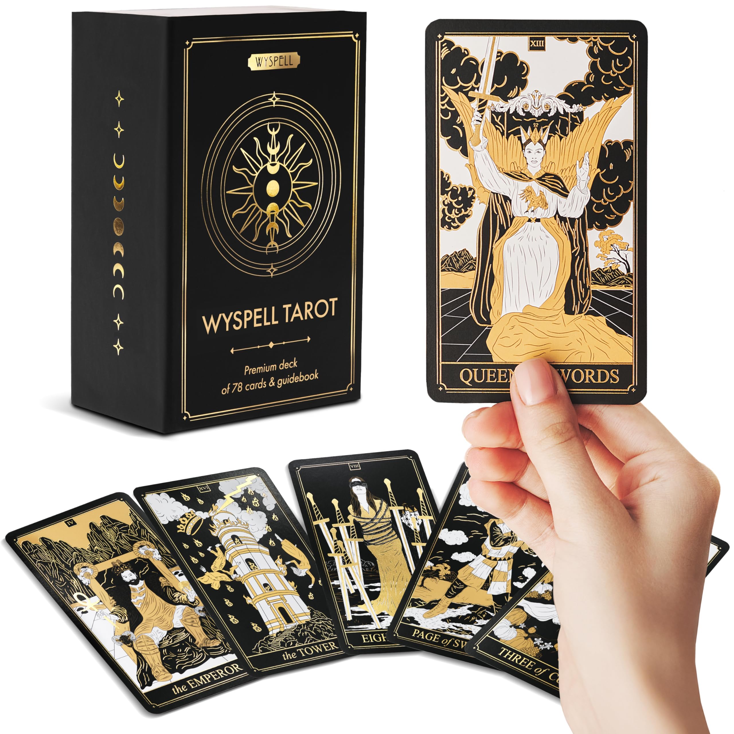 Wyspell Classic Tarot Deck with Guidebook - 78 Gold Tarot Cards for Beginners Tarot Deck Set - Black Tarot Decks with Guidebook - Original Tarot Cards with Guidebook