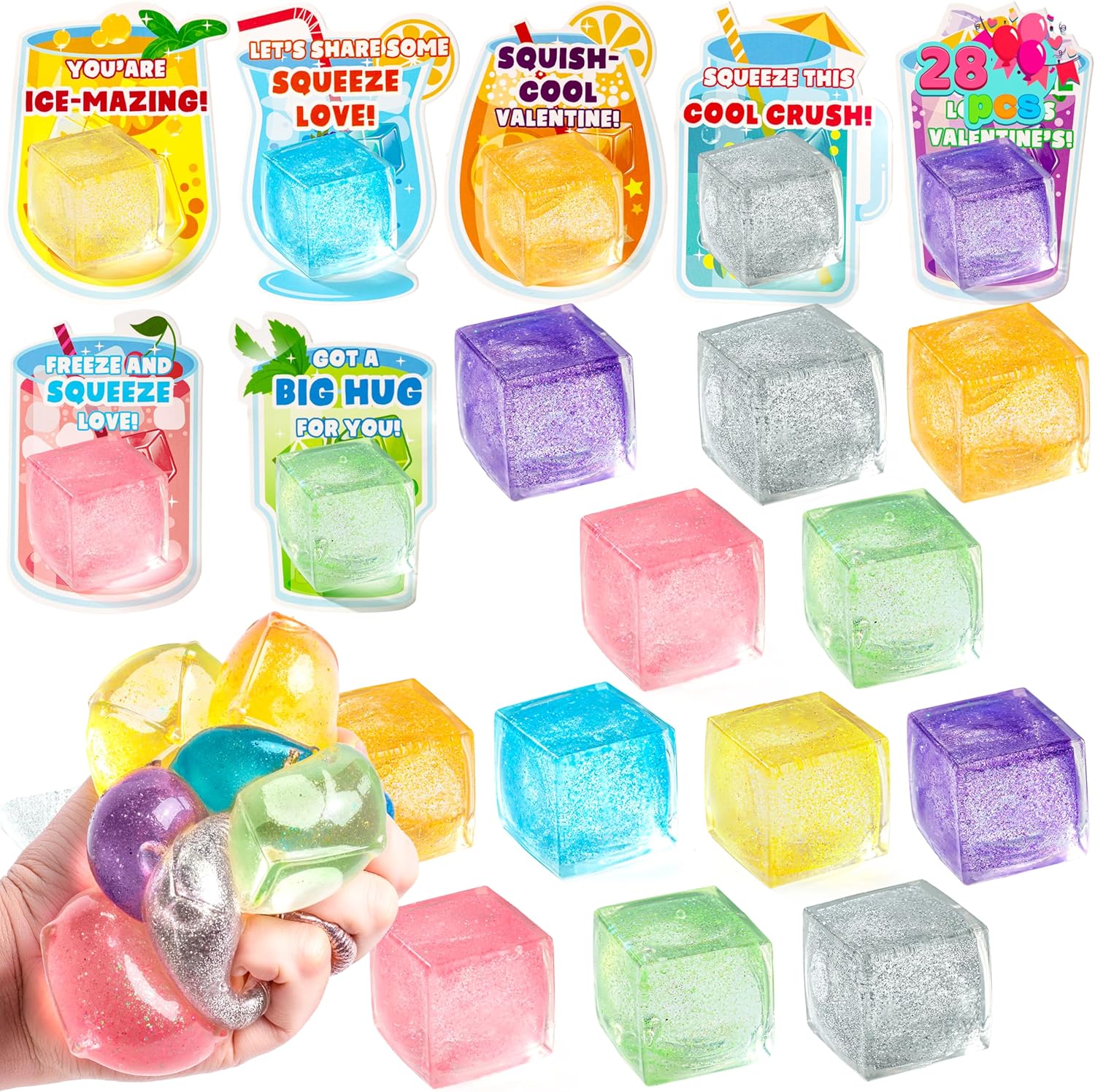 JOYIN 28 Pcs Valentine’s Day 1.2" Ice Cube Shaped Malt Sugar Squeeze Balls with Drink Cards, Stress Relief Fidget Toys in 7 Glitter Colors, Classroom Exchange Gifts Valentines Cards Party Favors