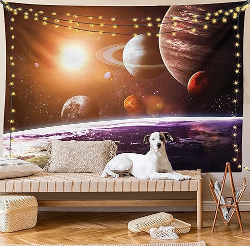 Miniatura 8 de Ambesonne Tapiz de galaxia, vista temática espacial de los planetas desde la Tierra, arte de sala de ciencia con sol y luna, decoración de tela para