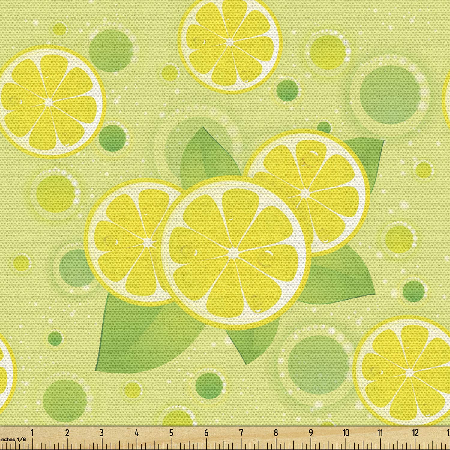 Lunarable Vintage Fabric by The Yard, Lemon Lime Pattern in Retro Vintage Style Citrus Fruit Circles Natural Image, Decorative Fabric for Upholstery and Home Accents, 2 Yards, Yellow and Green