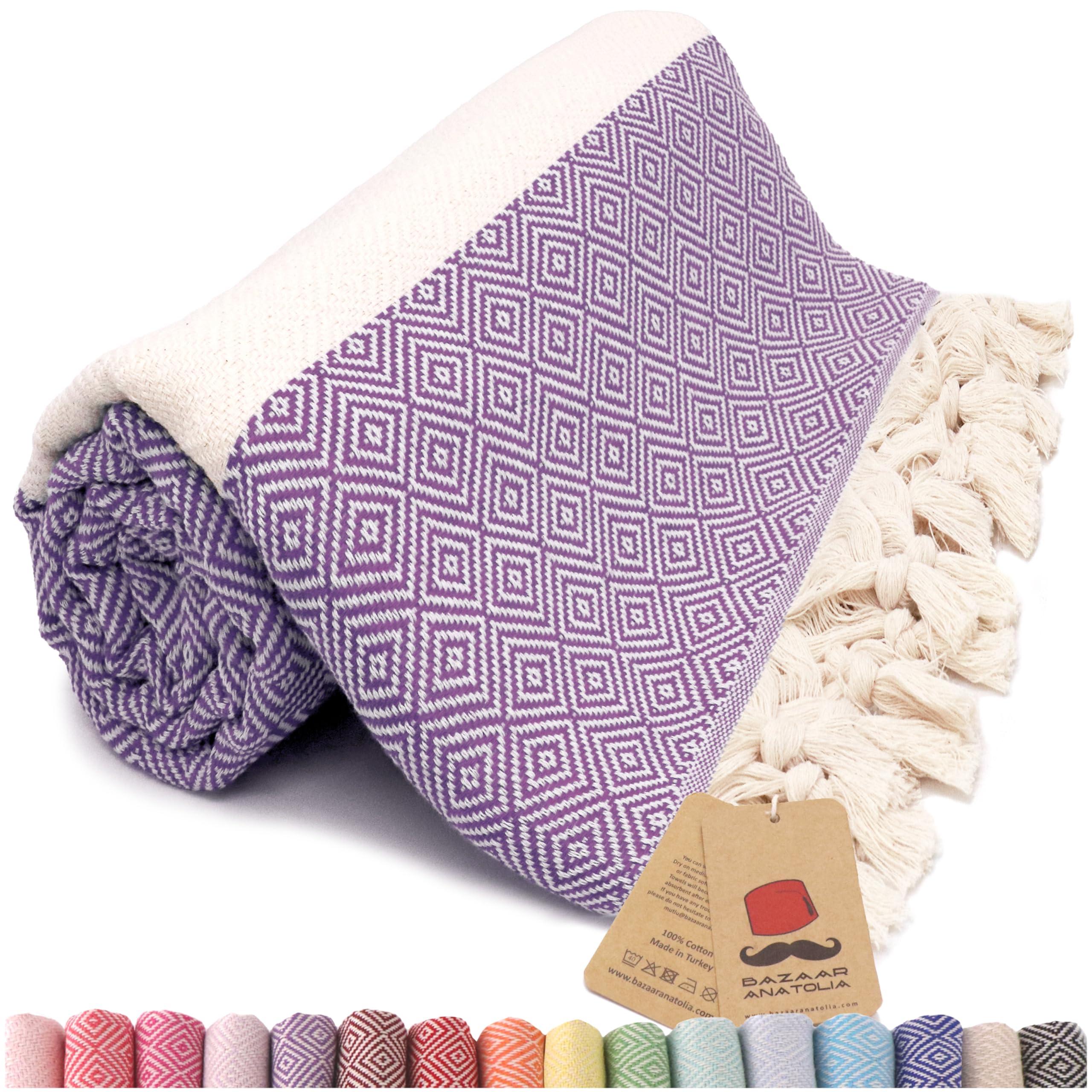 Bazaar Anatolia Turkish Beach Towel 100% Cotton Bath Towels Oversized Quick Dry Boho Farmhouse Decor Sheets Bathroom Towels Sand Free Camping Blanket - 180x100cm - Diamond Purple
