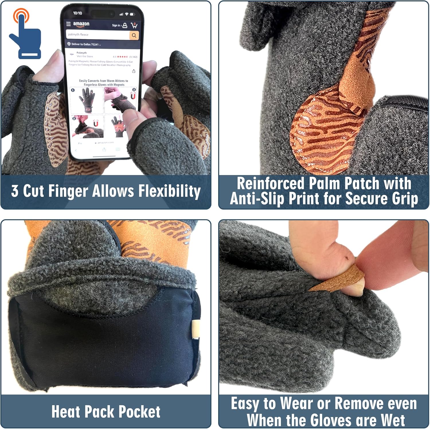 Palmyth Magnetic Fleece Fishing Gloves Convertible 3 Cut Fingers Ice Fishing Warm for Cold Weather Photography - Image 3