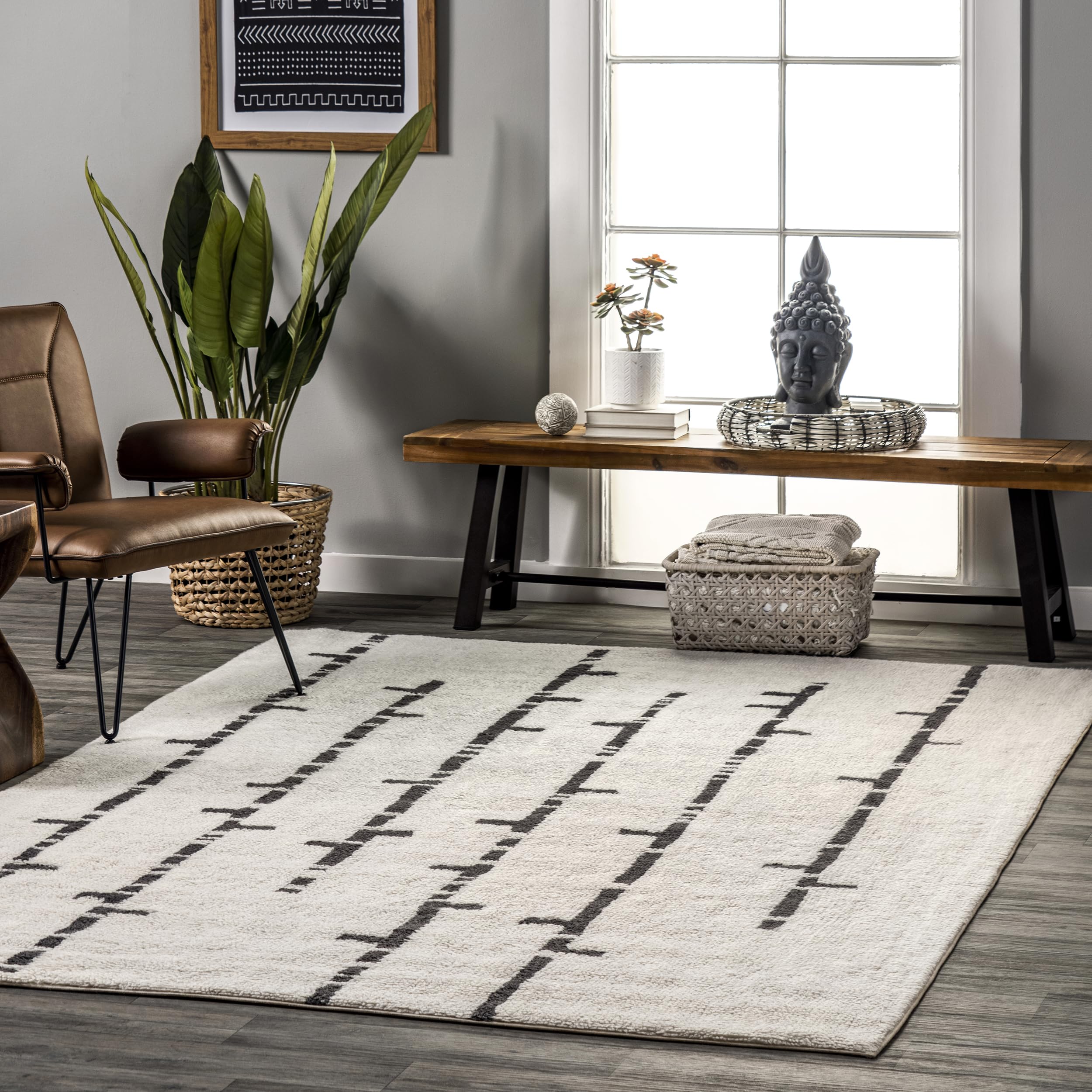 nuloom avril machine washable stripe wool area rug, 6x9, ivory