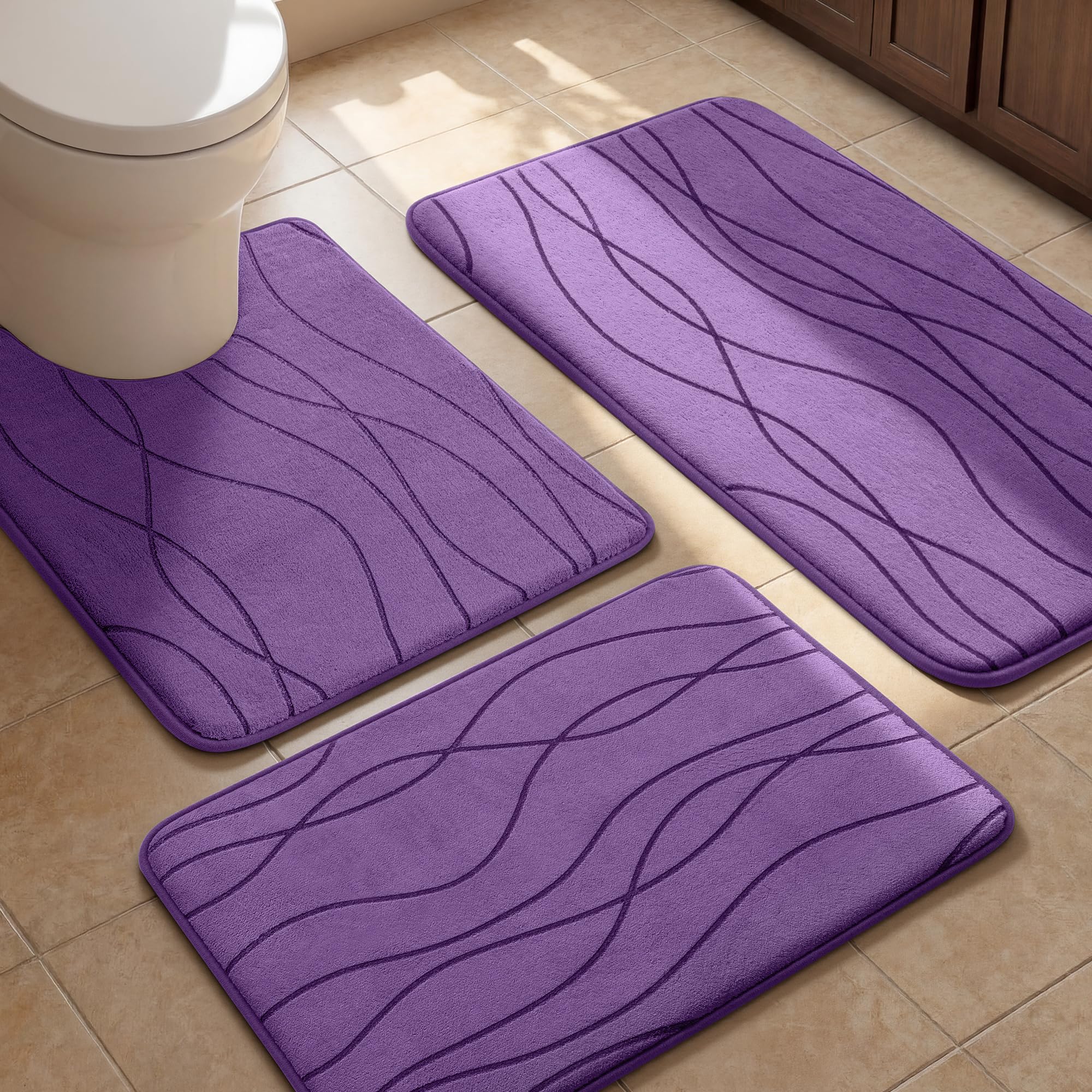 YIHOUSE Bathroom Rugs Set 3 Piece, Memory Foam Bath Mat Purple