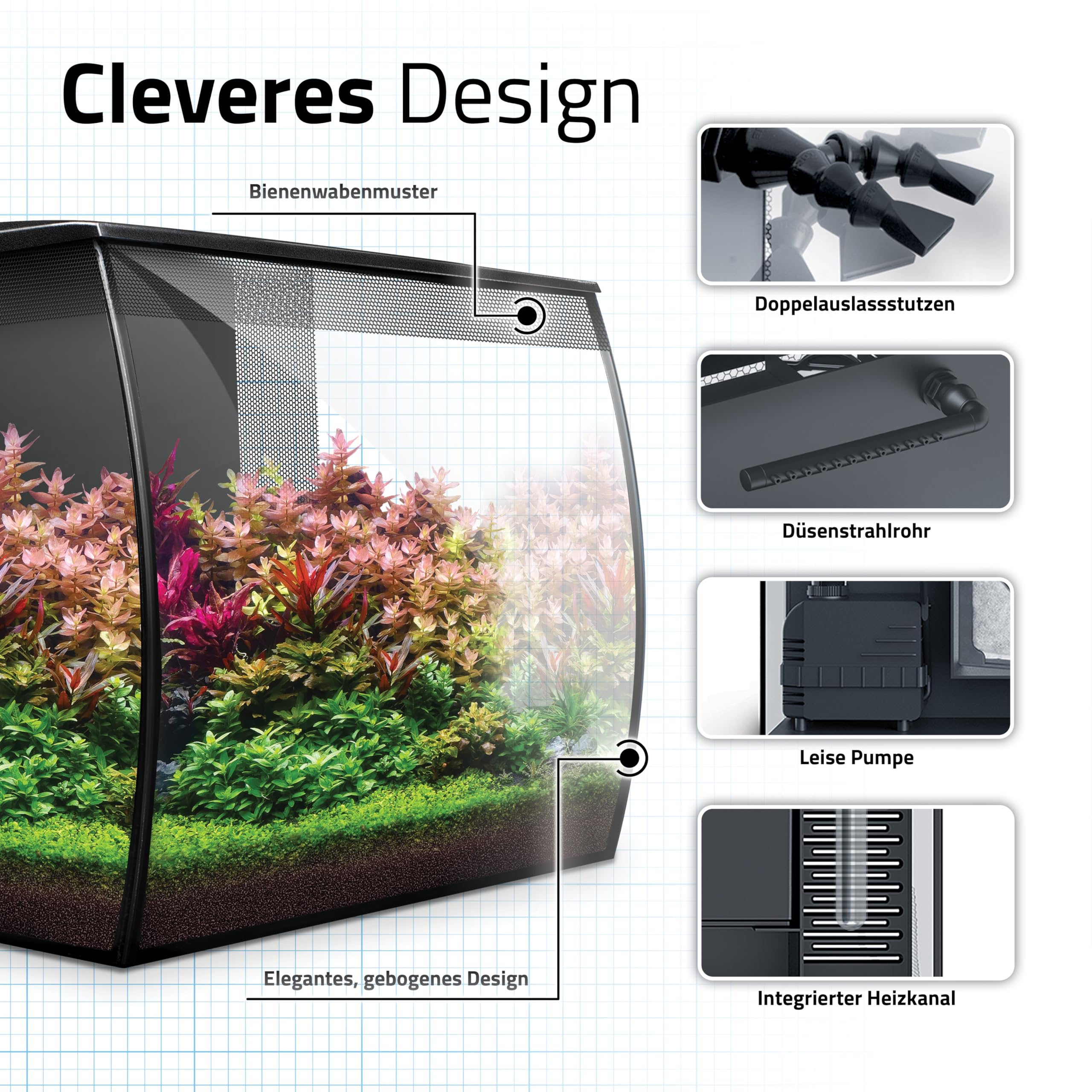 Fluval Flex 2.0 Aquarium Set 34 L, Nano Aquarium Komplettset mit geschwungener Frontscheibe, LED Beleuchtung mit Fernbedienung, integriertes 3-Stufen-Filtersystem, Fütterungsklappe und Düsenstrahlrohr