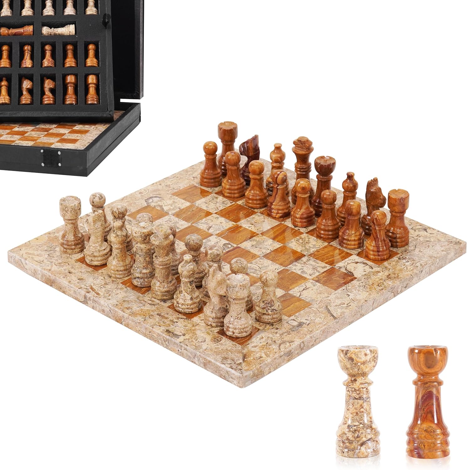 Marble Chess Set for Adults 10" Handmade Coral & Dark Brown Board Game with 32 Chess Pieces, 2 Extra Queens & Storage Box, Luxury Travel Game, Elegant for Home Decor