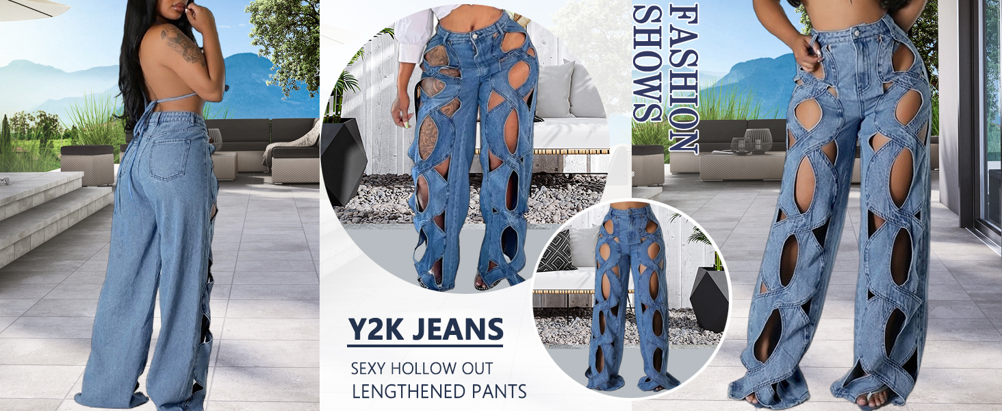 Women Sexy Hollow Out Baggy Jeans Y2k High Waisted Straight Leg