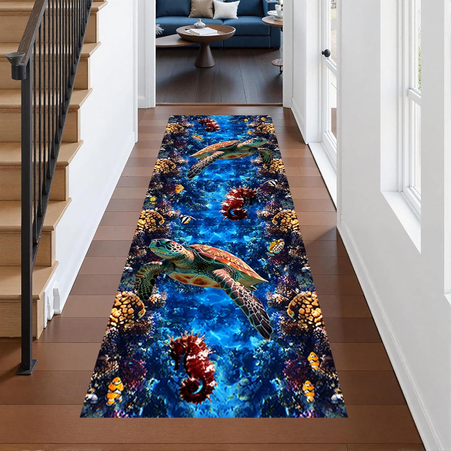 Sea Turtles Coastal Runner Rug for Hallway, 1.3x7ft, Underwater World Seahorse Clownfish Coral 3D Illusion Area Rug, Non-Shed Soft Ocean Decor Carpet for Bedroom Entryway Foyer