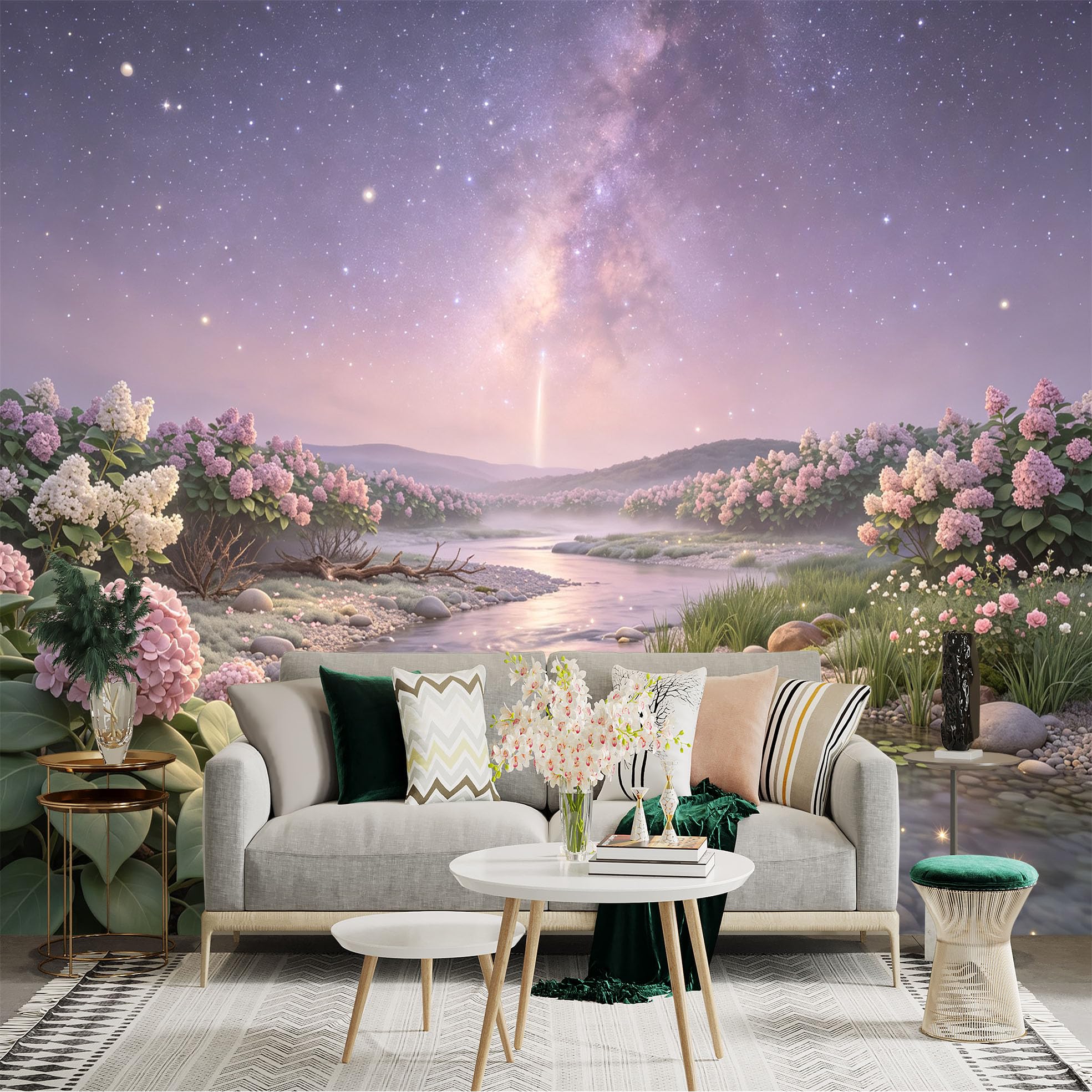Lnzczhyre Bh260719573 Custom Size Wall Sticker Mural， Dreamy Hydrangea River， Soft Purple Milky Way， Sparking Stream， For Wall Decoration， Peelandstick Wall Decals.