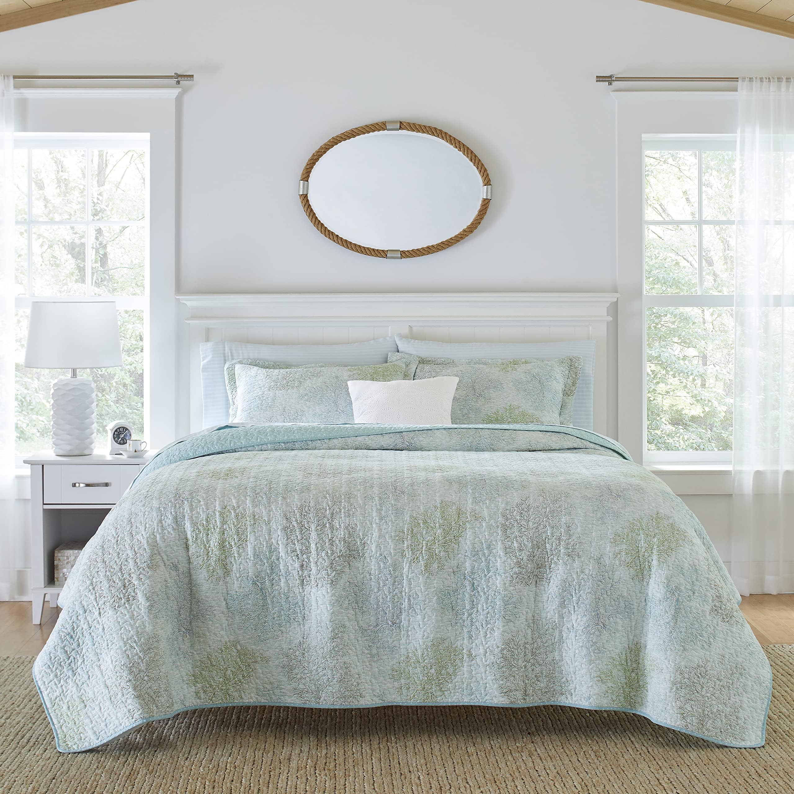 Laura Ashley - King Quilt Set, Reversible Cotton Bedding with Matching Shams, Pre-Washed Home Decor for Added Softness (Saltwater Blue, King)