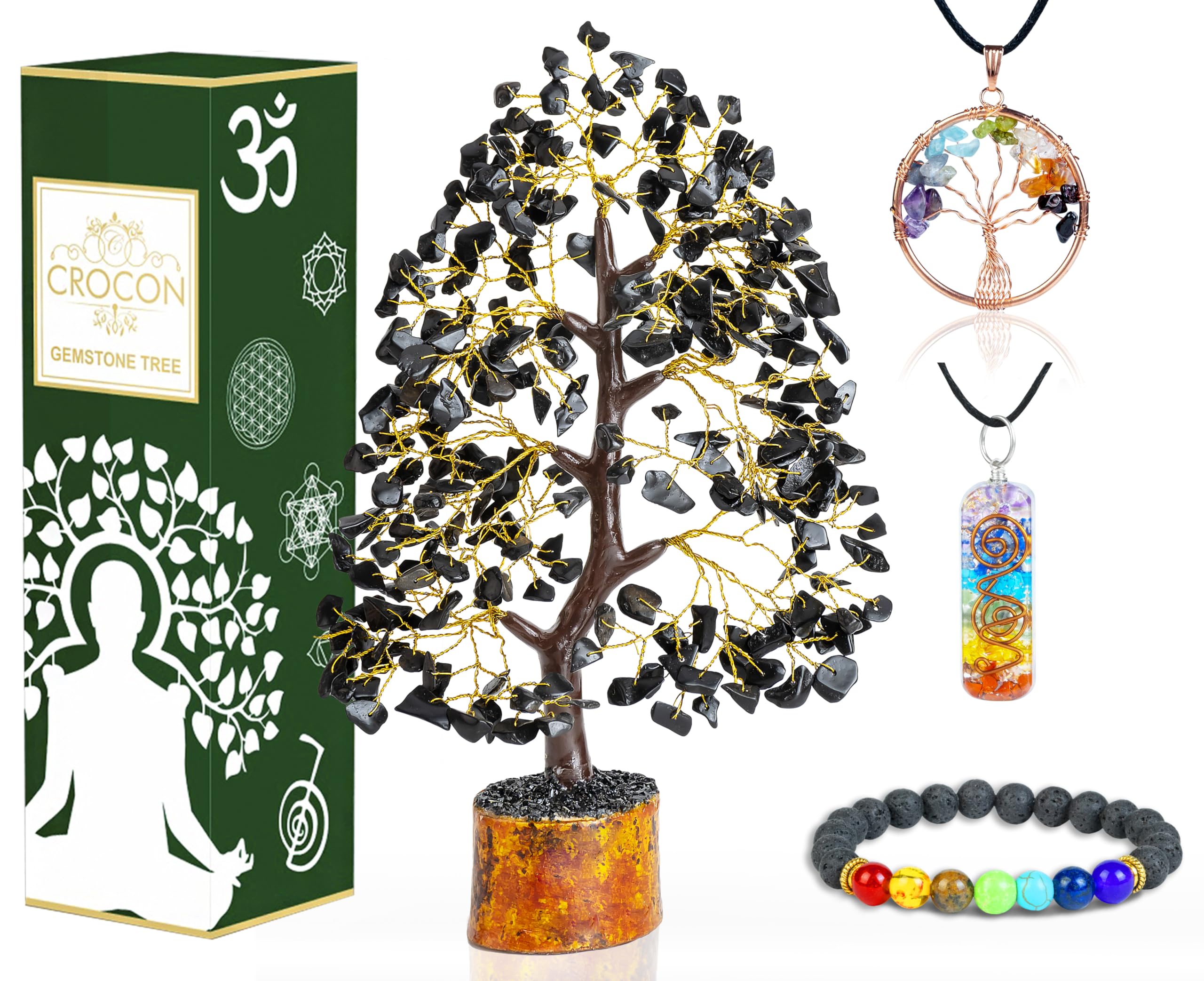 Black Tourmaline Crystal Tree of Life with Bracelet & 2 Pendants Feng Shui Gem Tree Decor Healing Crystals Spiritual Black Gifts for Home Room & Desk Decor Gifts for Women Girlfriend