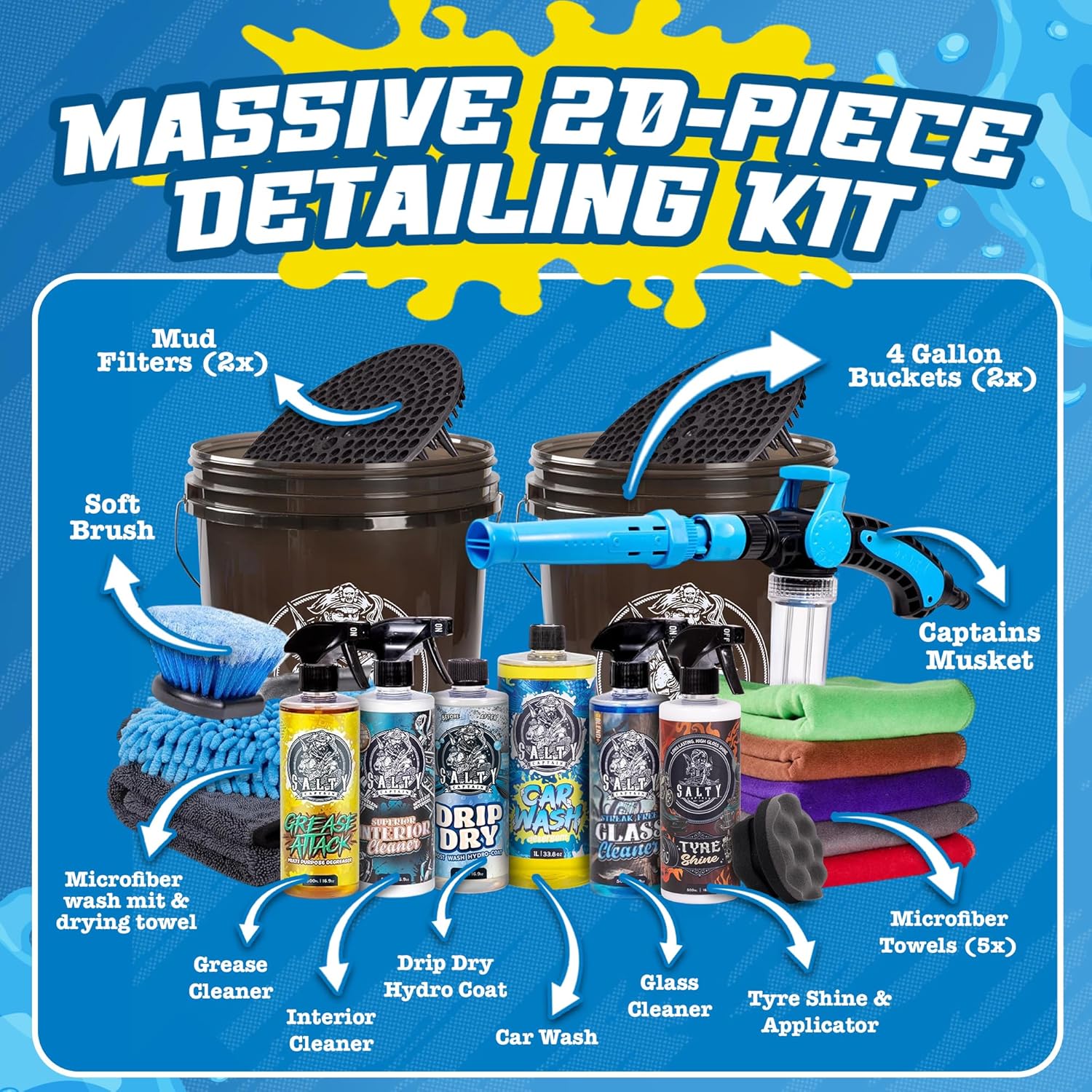 Salty Captain Mega 20-Piece DIY Car Cleaning Kit + Extendable Brush – All-in-One Car Detailing Kit with 2x Buckets, Towels, Brushes & 6x Cleaning Fluids – Foam Blaster compatible with Garden Hose