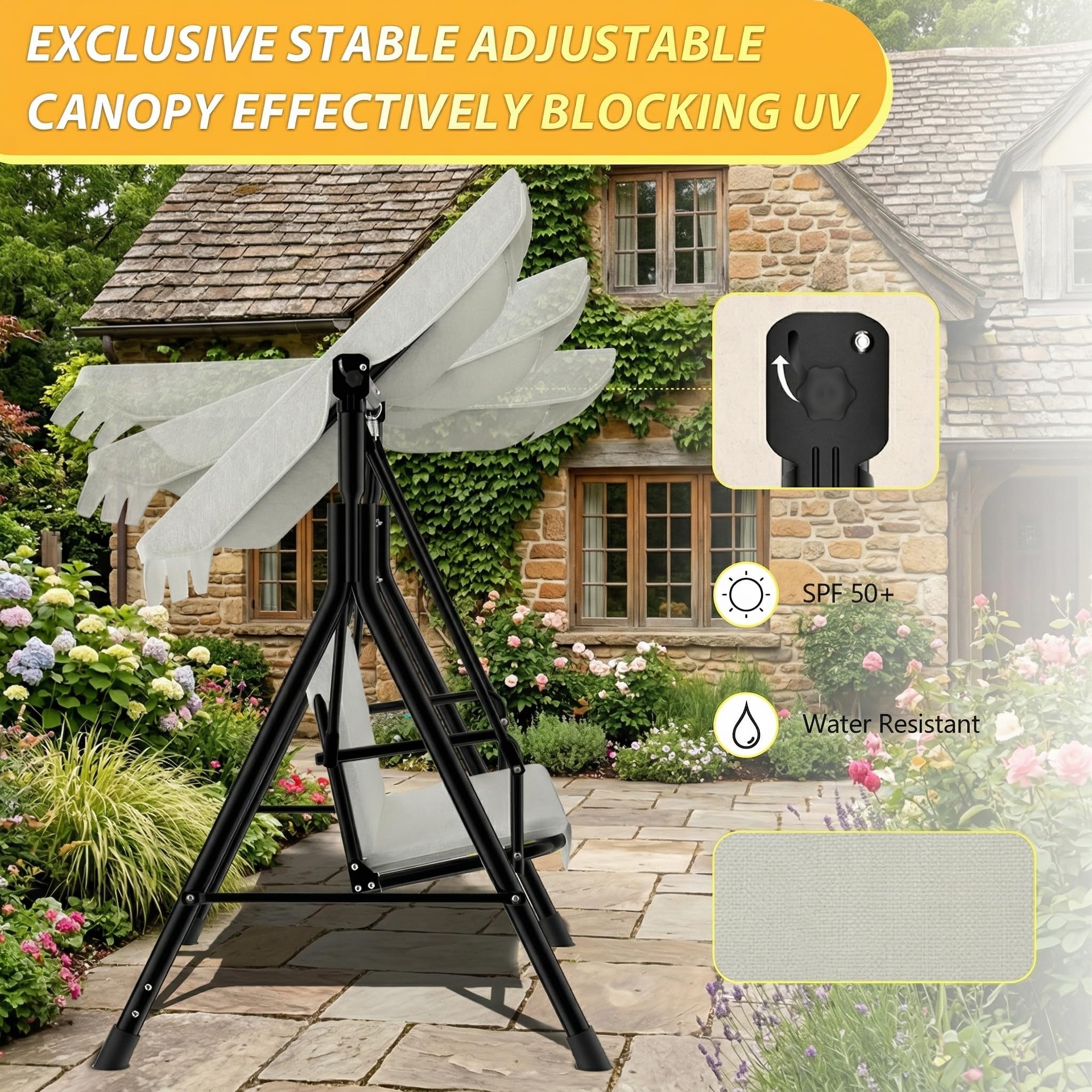 Balancelle 3 Places Beige Taille XXL 195 cm avec Toit réglable, Structure Acier 200 kg, Coussins Confortables 6 cm, Anti-UV et Anti-Pluie pour l'extérieur