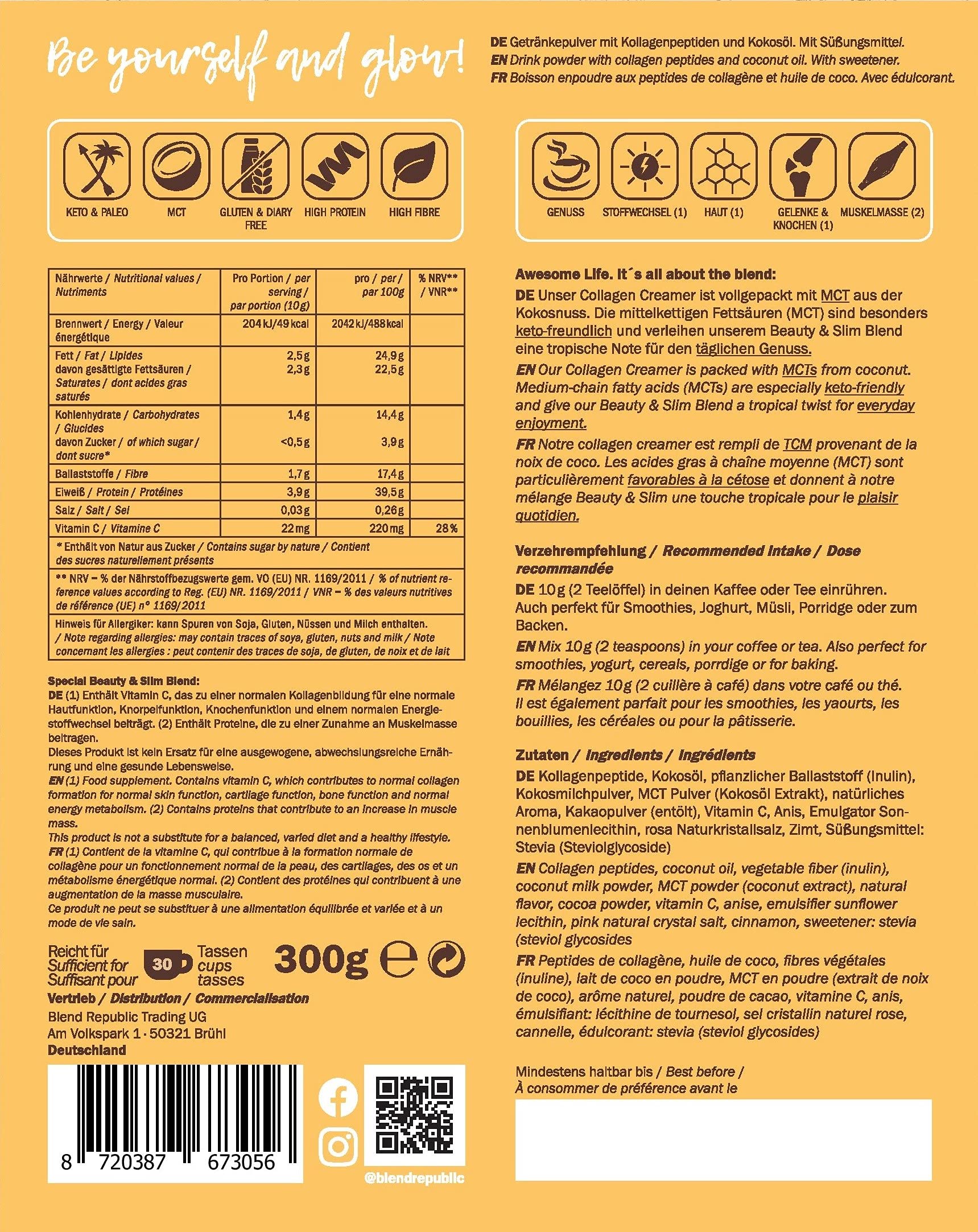 BLEND REPUBLIC Keto Coffee Creamer Caramel 300 g con aceite MCT, aceite de coco y colágeno, sin lactosa, sin azúcar añadido