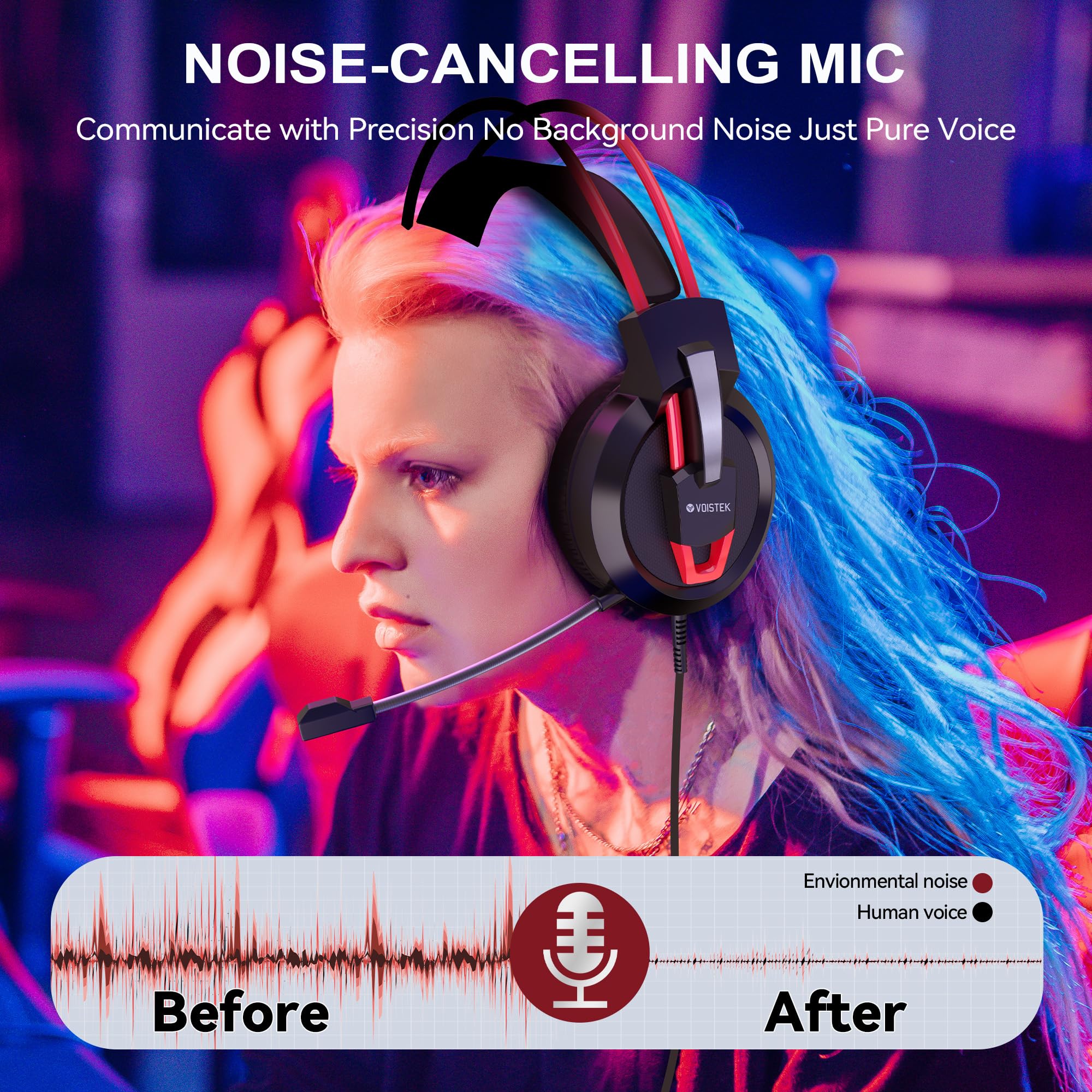 Voistek Cuffie da gioco con microfono, suono surround, cancellazione del rumore, colore rosso