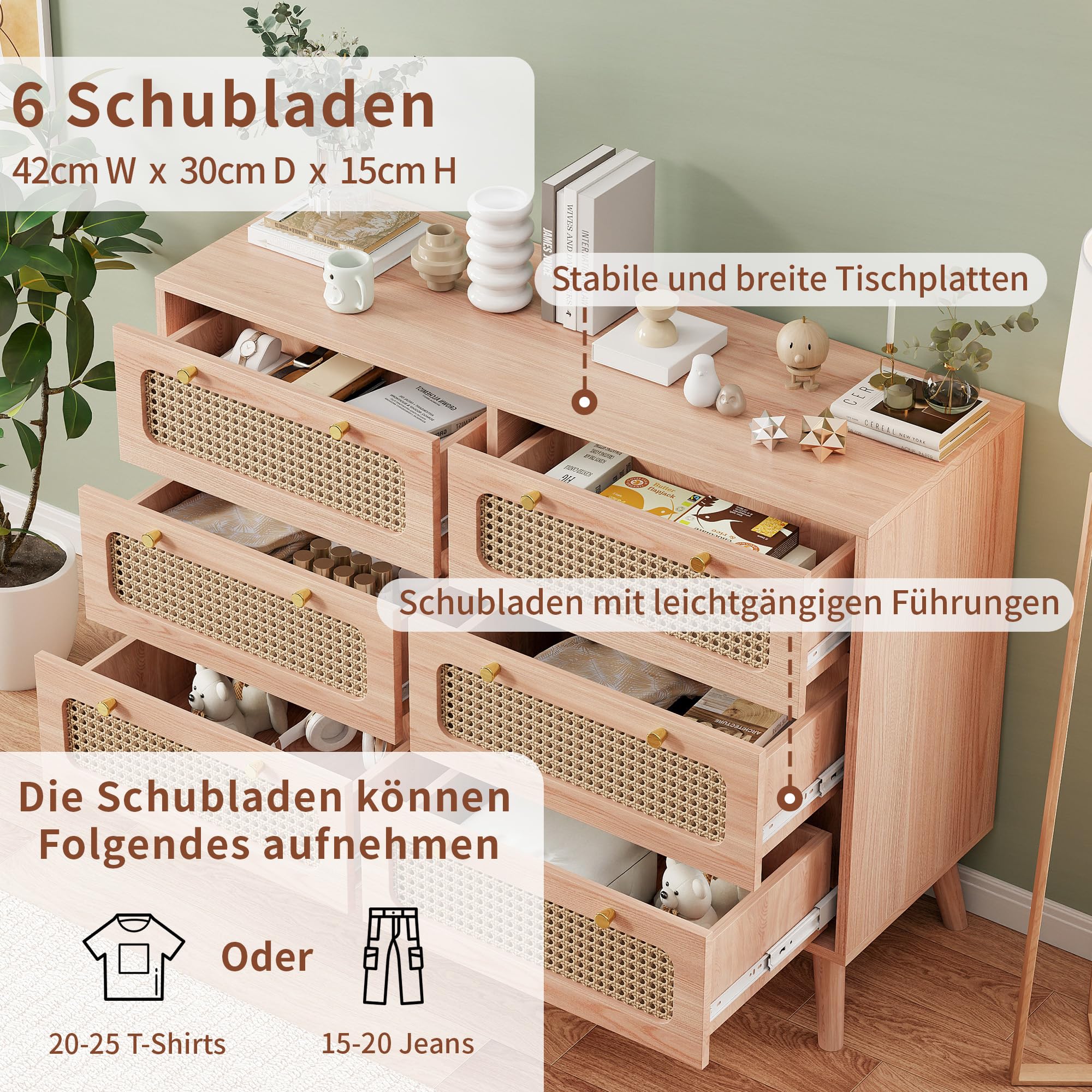 Commode à 6 tiroirs en Bois Style Nordique, Commode de Rangement avec Panneaux en rotin, Commode Chambre Adulte, Couleur Bois Naturel,100x34x73 cm