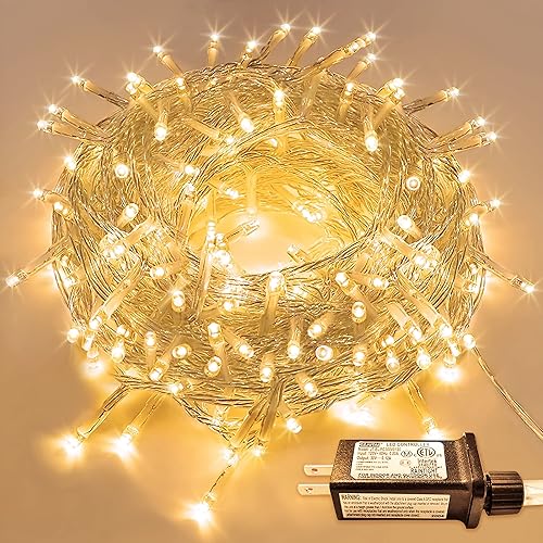 JMEXSUSS Cadena de 300 luces LED para interiores y exteriores, alambre transparente, luces de Navidad blancas cálidas con 8 modos, luces de cadena