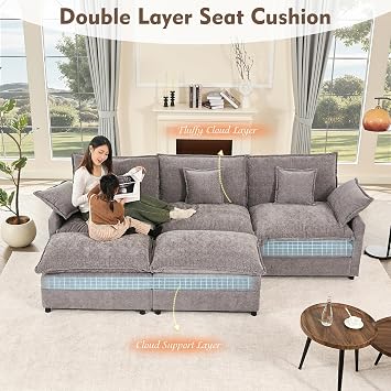 274 cm U-Shaped Sofa, Chenille Deep Seat Sofa Bed, Slate | Cloud Comfort, Deep Seat Design, Soft Chenille Upholstery, Machine-Washable Covers, Movable Ottoman