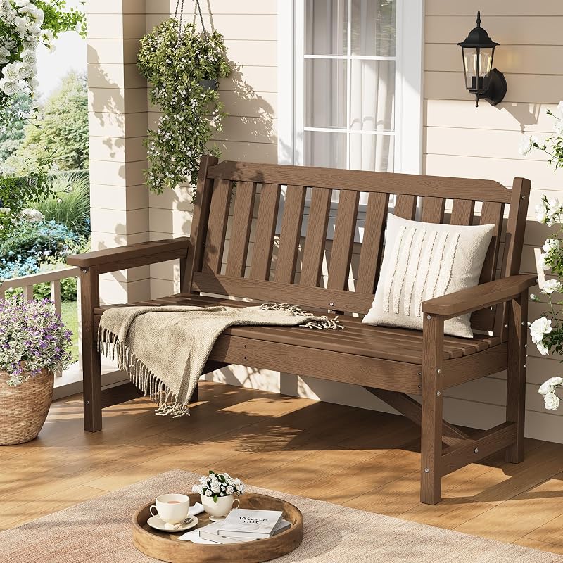 Takywep 52" Outdoor Bench for Patio, HDPE Weatherproof 2-Person Park Bench for Outside, Heavy Duty 600 Lbs Capacity, Poly Seating for Backyard, Porch, Garden, Brown
