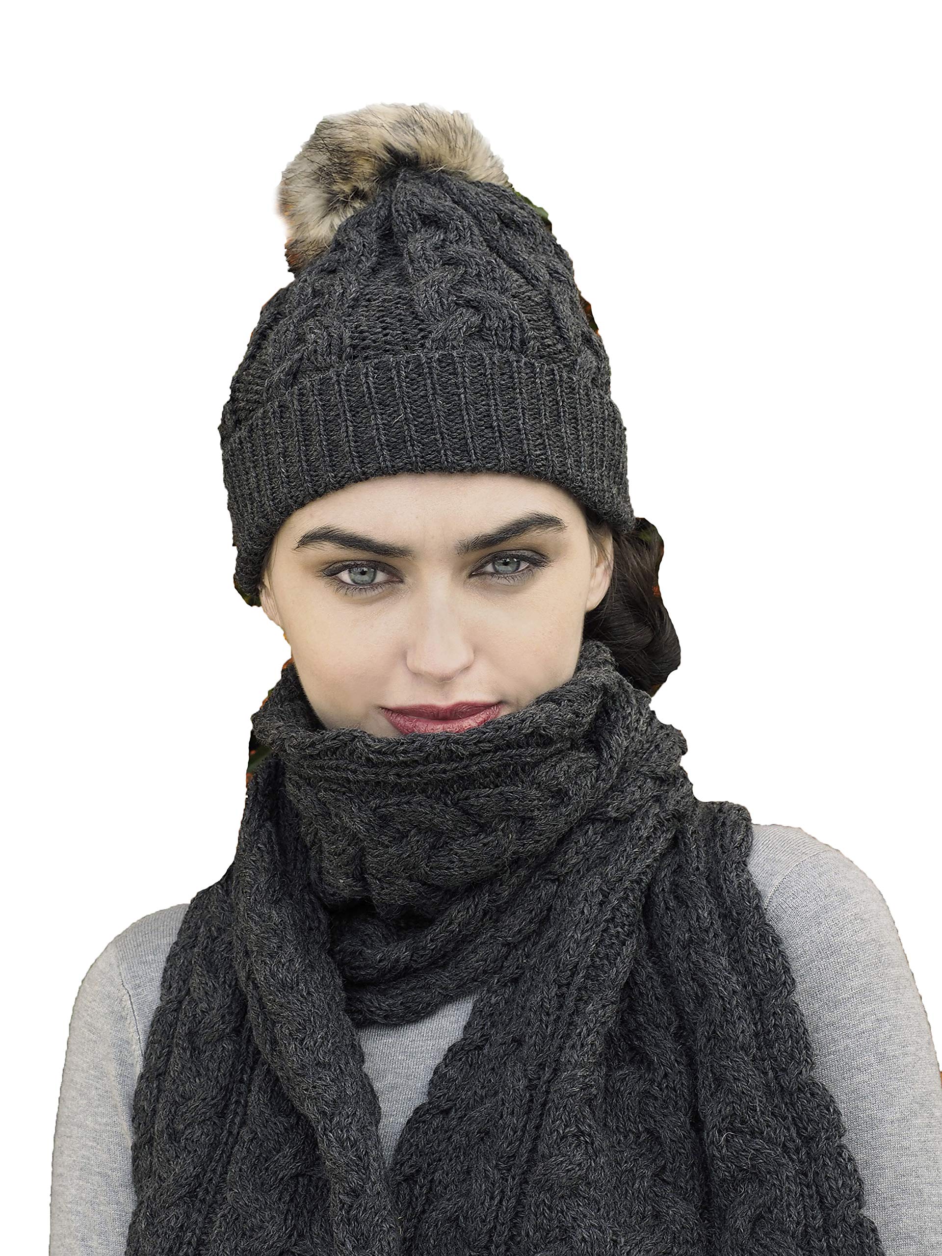 Aran Crafts Women's Irish Cable Knitted Soft Pom Faux Fur Hat (100% Merino Wool)