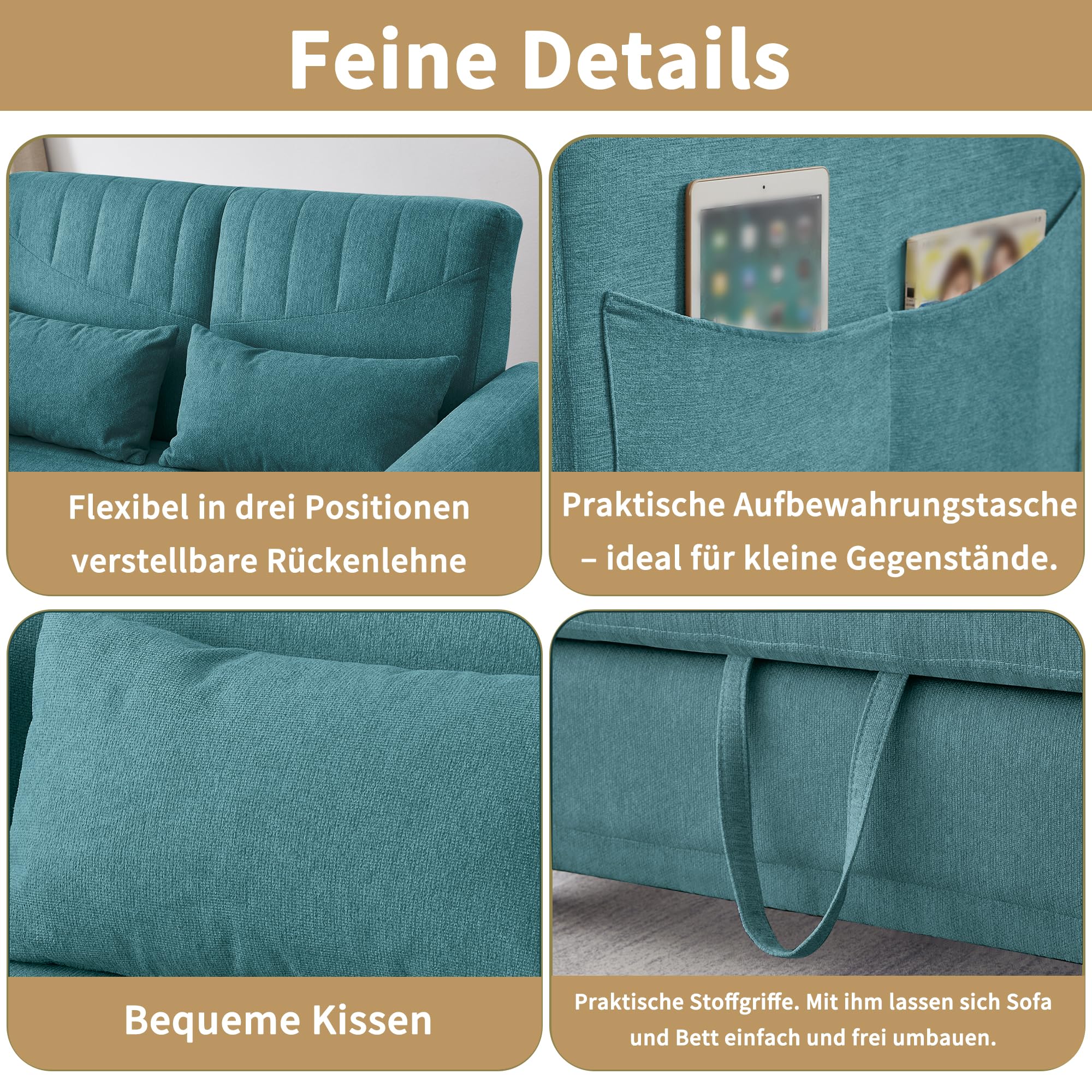 Divano pieghevole a due posti, design allungabile, semplice e moderno, stile contemporaneo, schienale regolabile in tre livelli, tessuto in cotone e lino traspirante (blu)