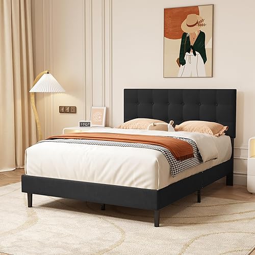 Miniatura 3 de alazyhome Base de cama tapizada de tamaño matrimonial con cabecero de lino capitoné con botones, soporte de listones de madera, fácil montaje, no
