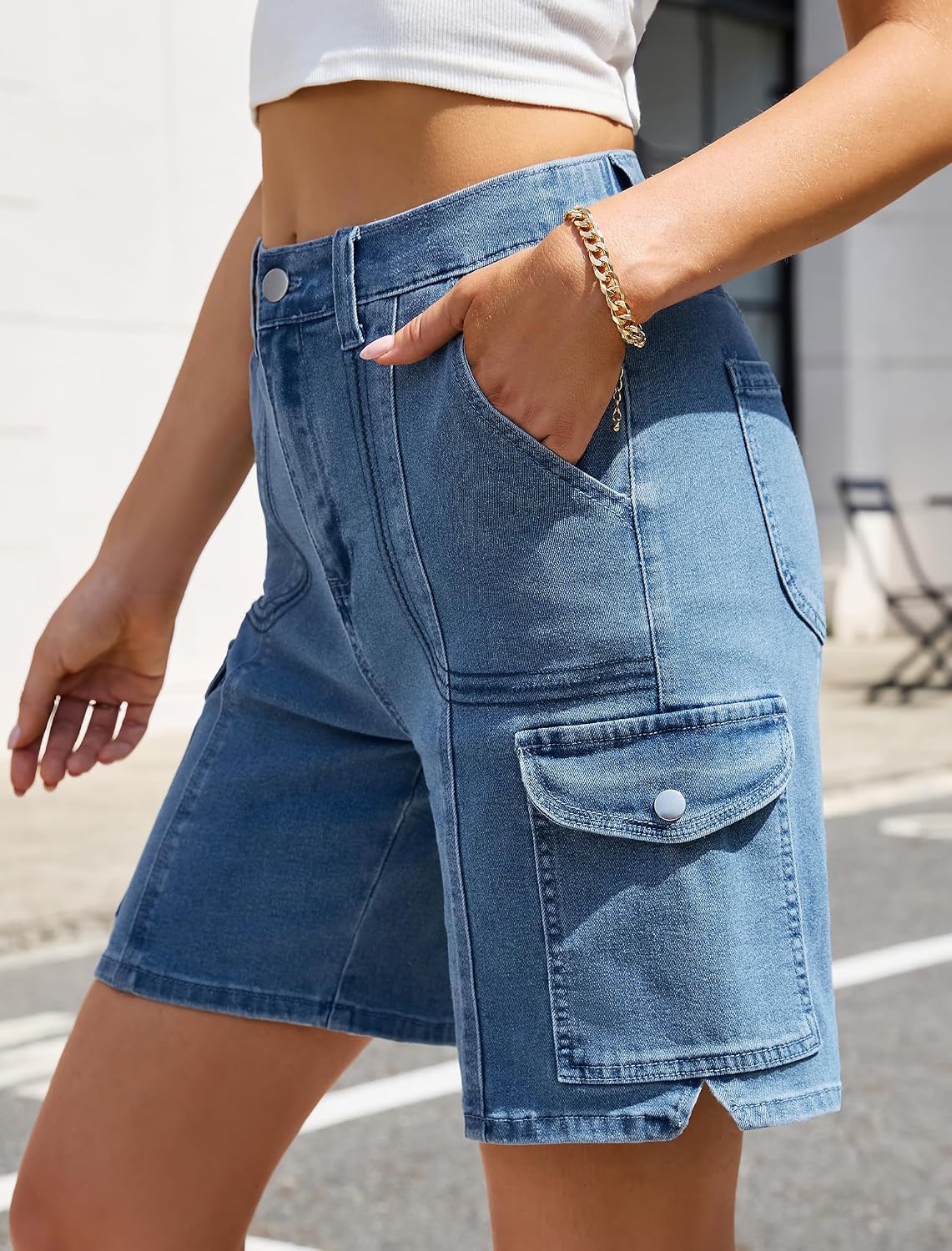 Eddoyee Bermuda Shorts for Women Knee Length Cargo High Waisted Shorts