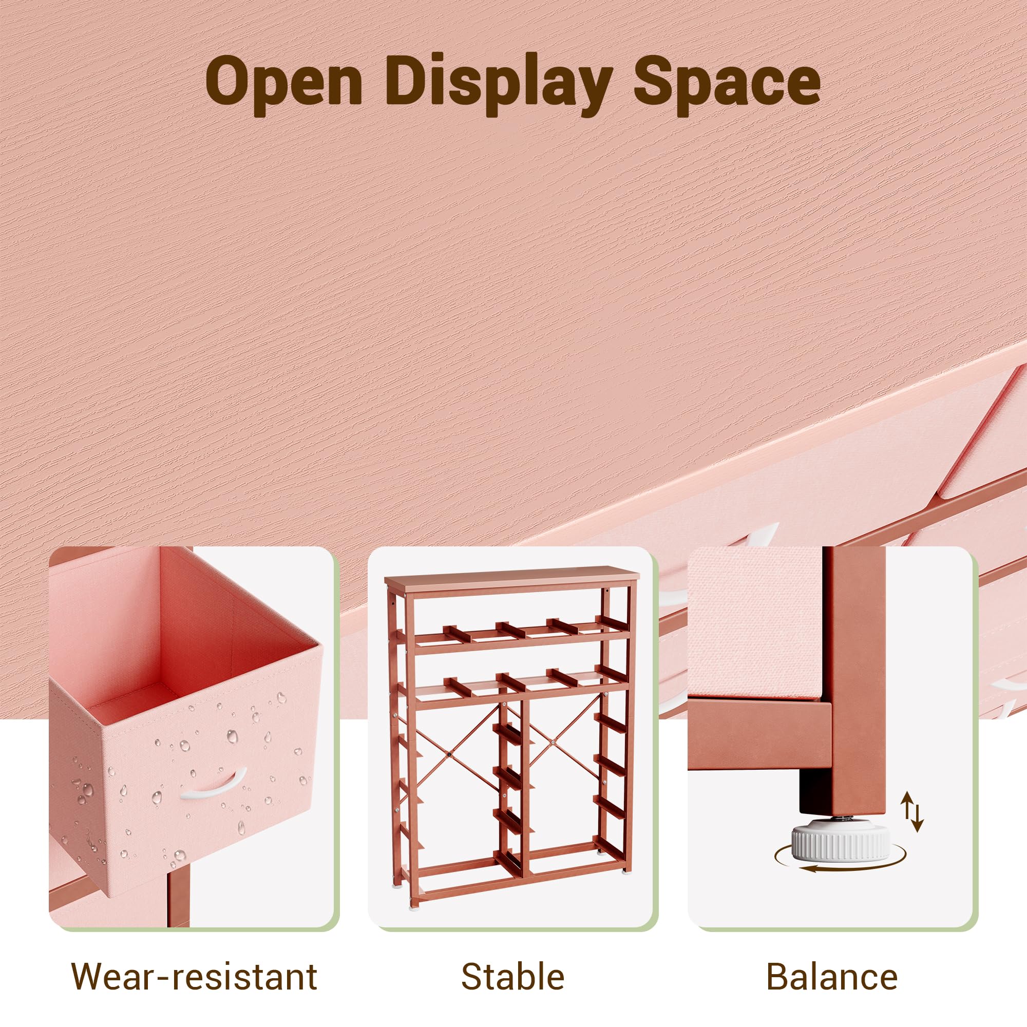 Acekool Vielseitige Hochkommode mit 16 Schubladen – Stabile Schlafzimmer-Kommode aus Stoff und Metallrahmen – Große Aufbewahrung, Holzplatte, modernes Design, ideal für Kinderzimmer – Farbe: Pink