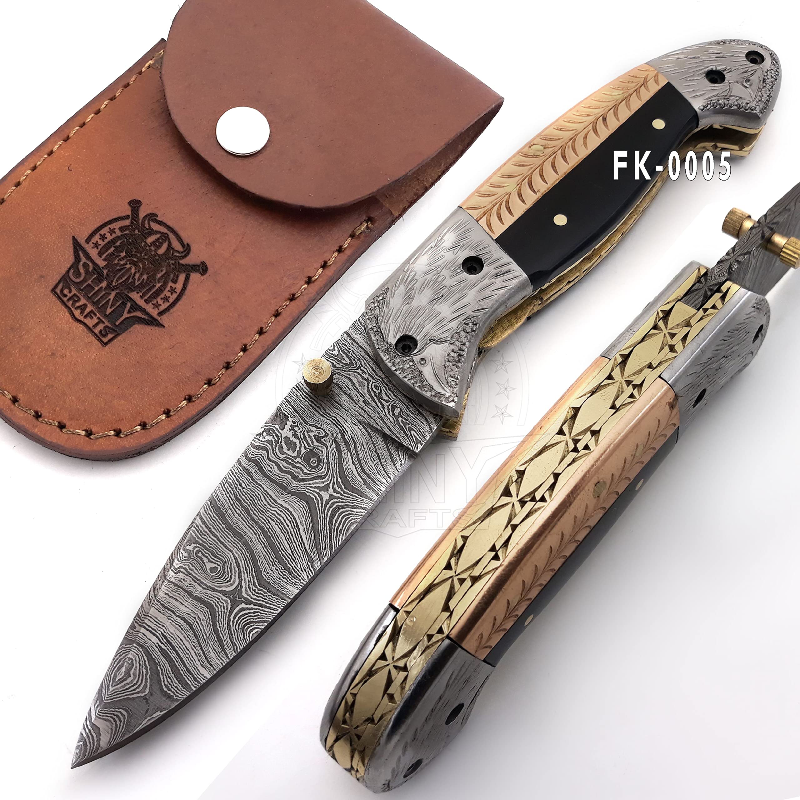 SHINY CRAFTS -Damascus Pocket Knife Knives For Men OTF Knife Survival Knife- Folding Knives - Everyday Carry - PlainEdge - Leather Sheath (FK 05)