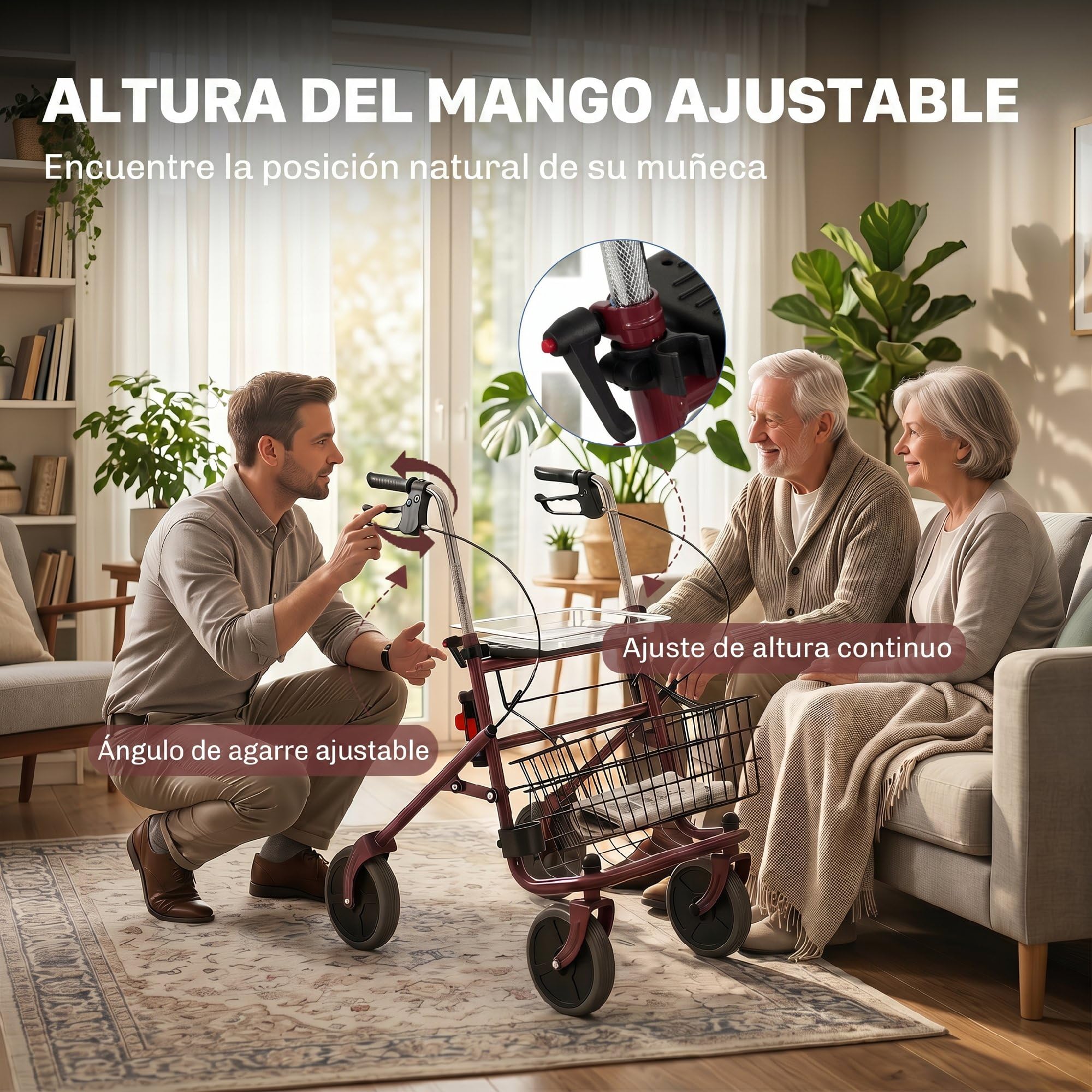 HOMCOM Andador para Ancianos Plegable con Asiento y 4 Ruedas Rojo Vino | Andadores Adultos para Personas Mayores, Altura Ajustable, Frenos de Maneta, Cesta, Bandeja, Porta Bastón