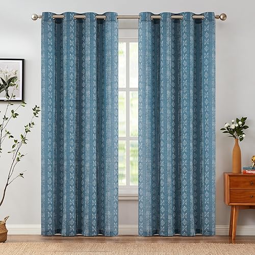 Miniatura 2 de Vangao Cortinas bohemias con estampado de rayas azules, cortinas de lino de 84 pulgadas de largo, cortinas de lino para sala de estar, dormitorio,