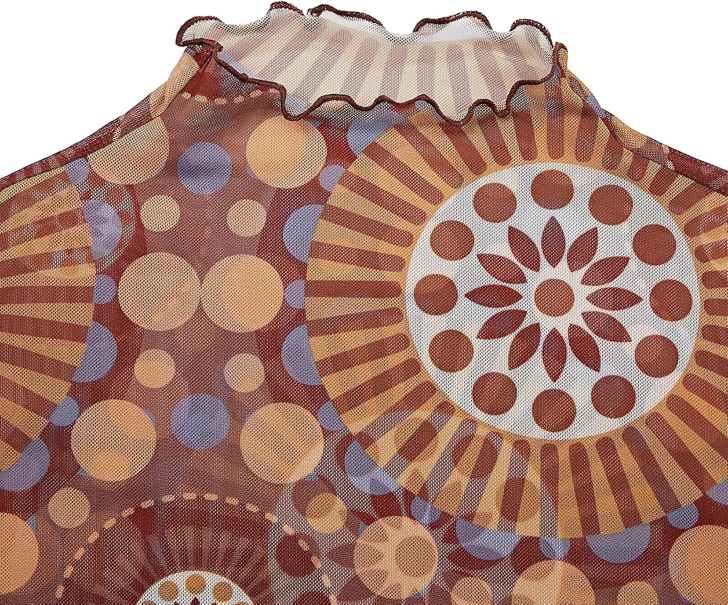 Durio 70s Womens Bell Sleeve Top Floral Tops for Women Disco Outfit Mock Neck Tops Semi Sheer Mesh Long Sleeve Top - Image 3