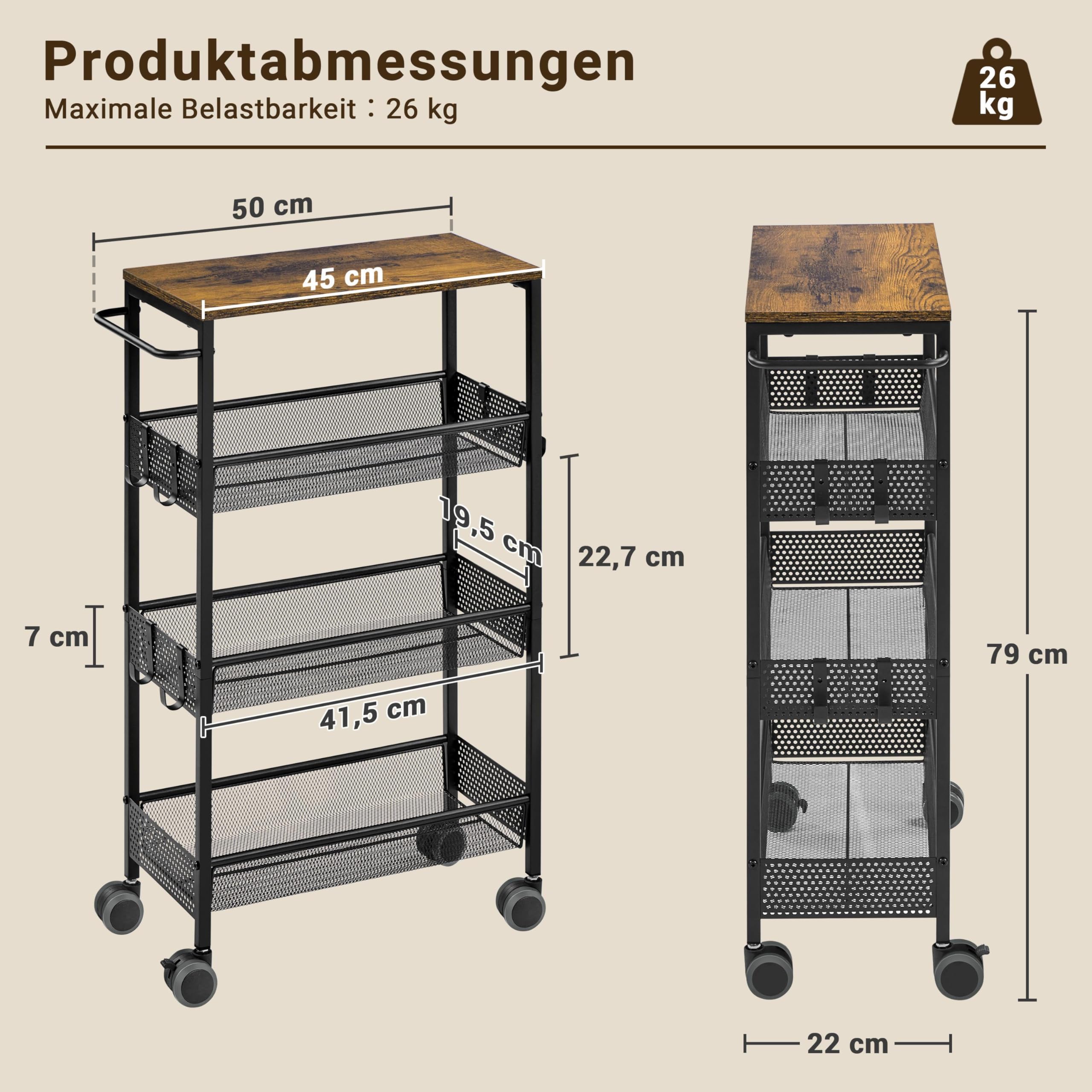Yaheetech Chariot Rangement de Cuisine à 4 Niveaux, Dessert sur roulettes, Étagère de Rangement en Métal pour Cuisine/Salon/Salle de Bain, 50 × 22 × 79 cm, Style Idustriel, Brun Rustique
