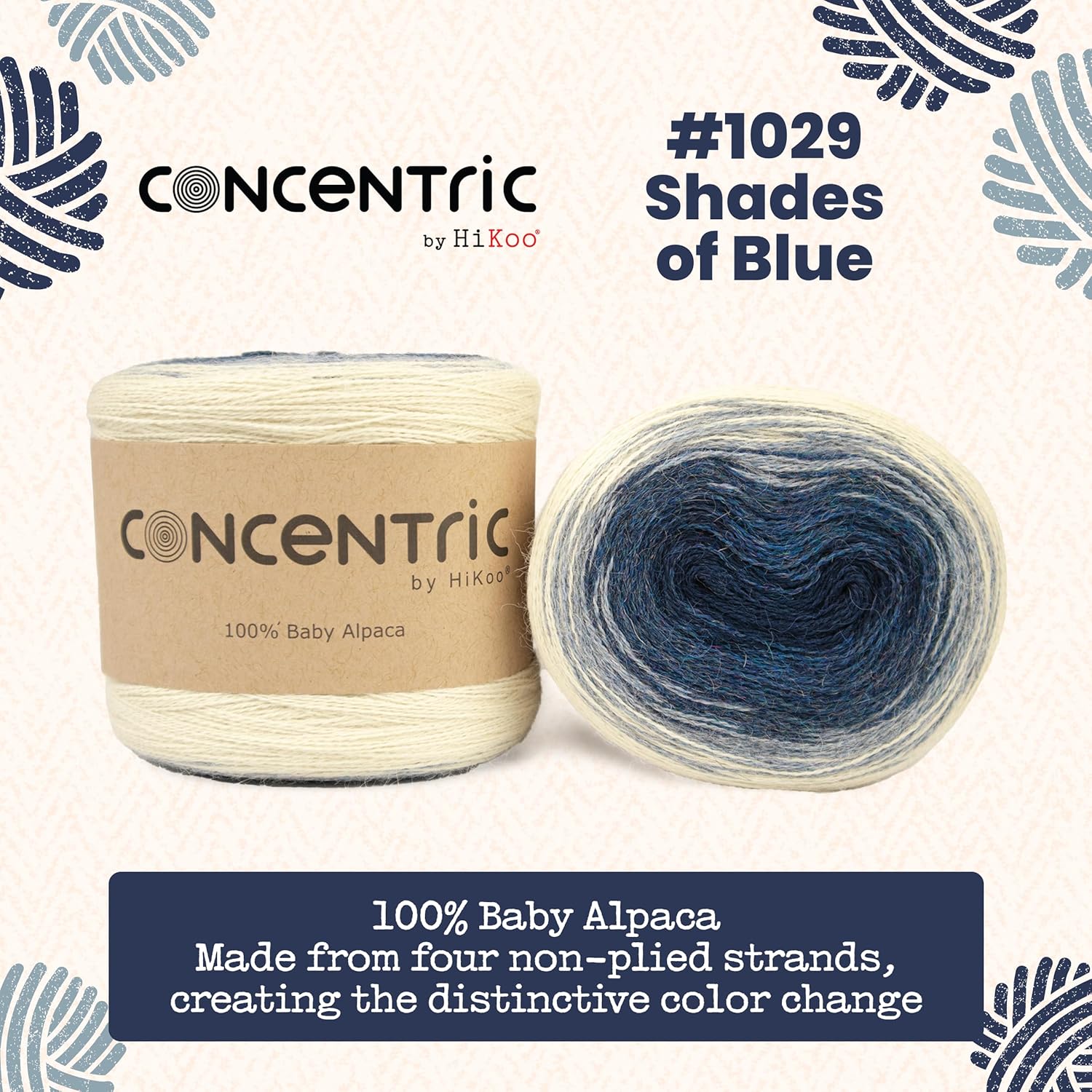 HiKoo Concentric Yarn Cake, 100% Baby Alpaca Wool Gradient Yarn for Knitting, Crocheting, and Crafts, 437 Yards, (#1029 - Shades of Blue)