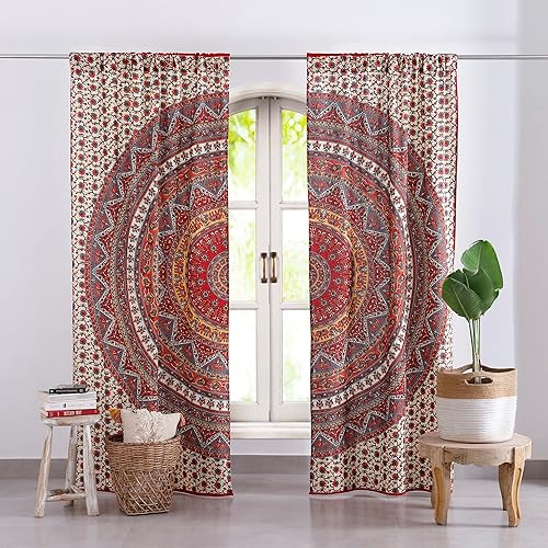 Popular Handicrafts Paneles de cortina indios hippie bohemio hermoso elefante mandala blanco roto rojo