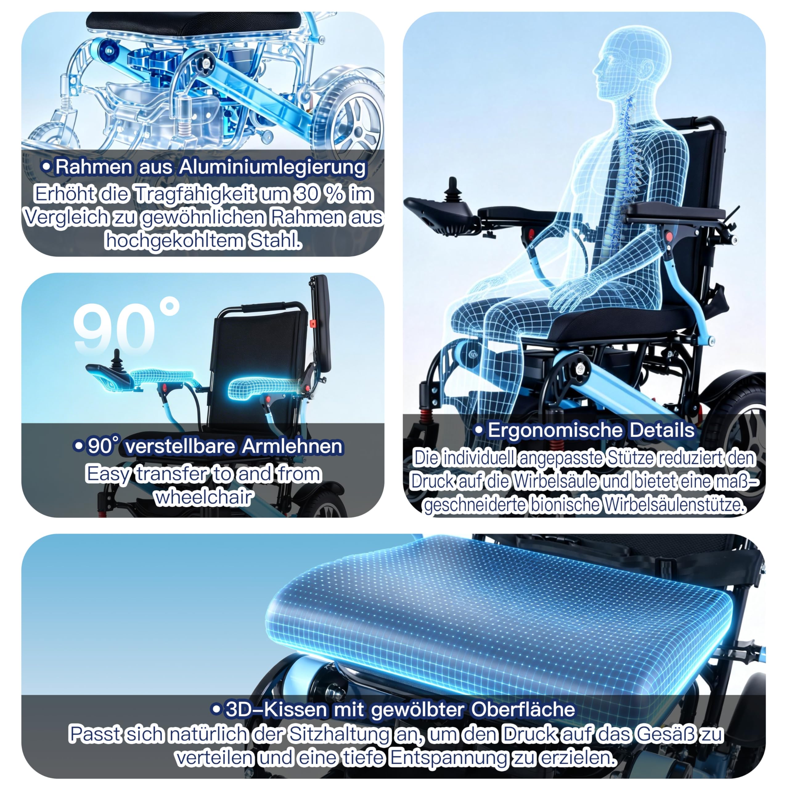 48+ KM Fauteuil roulant électrique, pour adulte, puissance du moteur : 700 W, 150 kg, largeur d'assise : 52 cm, léger, pliable, avec 2 batteries Li-ion de 12 AH, avec lumière LED, sac à dos