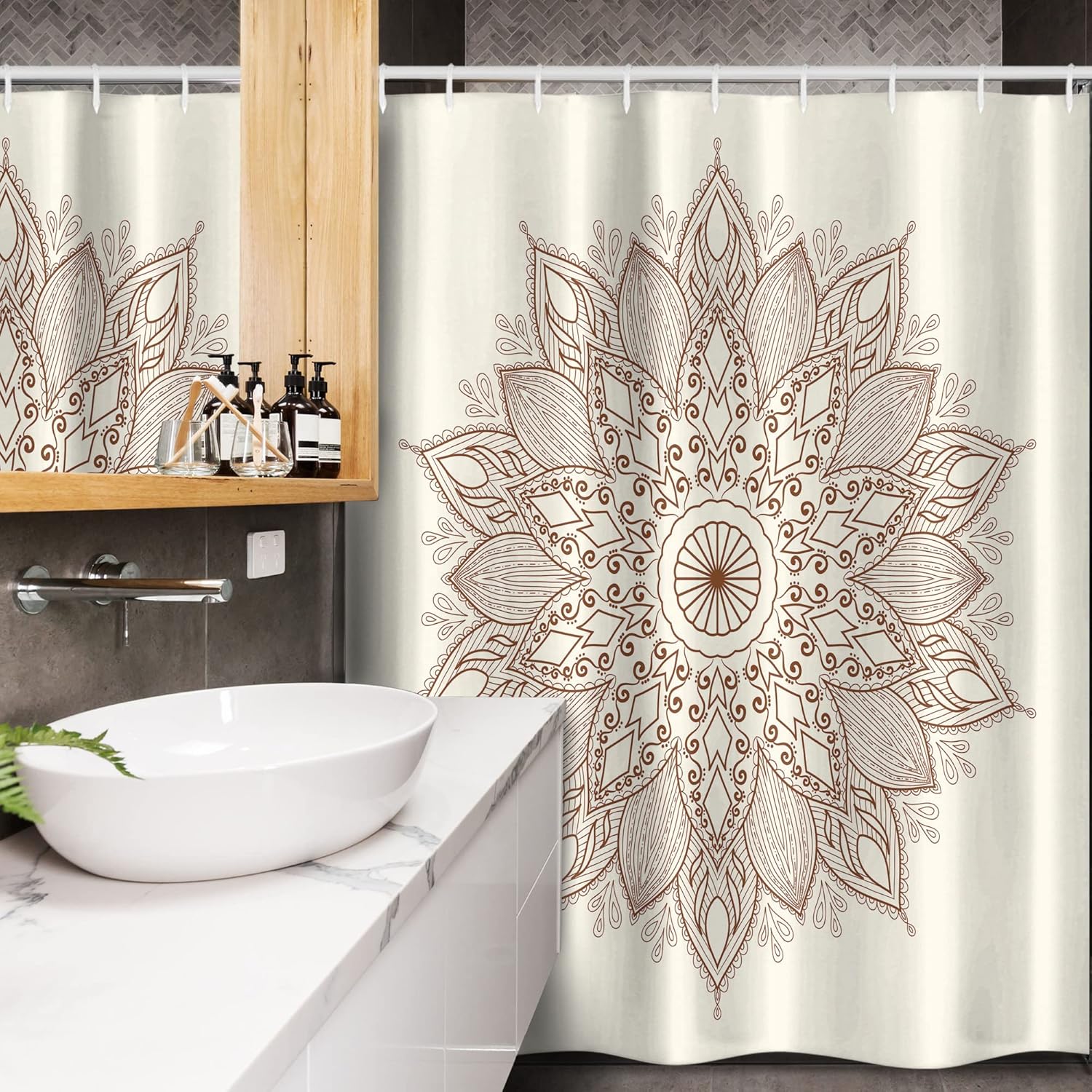 Ambesonne Mandala Stall Shower Curtain, Lotus Inspired Flower Lace Circle Ornate Retro Pattern Eastern Universe Theme, Fabric Bathroom Decor Set with Hooks, 54" W x 78" L, Brown and Ivory