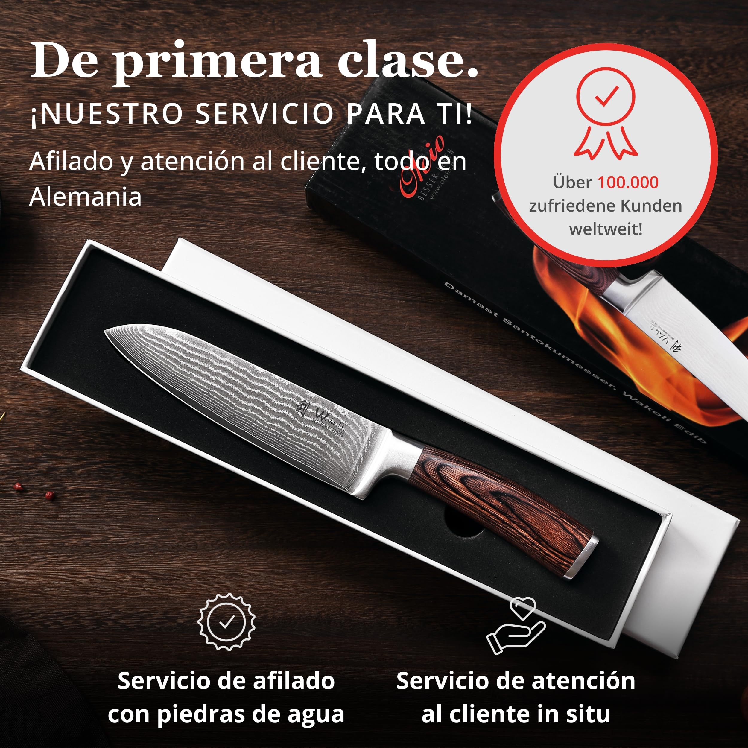 WAKOLI EDIB cuchillo Santoku de 17 cm en acero de damasco de 67 capas con núcleo VG10, mango de madera Pakka, para carne, pescado y verduras, con caja de regalo