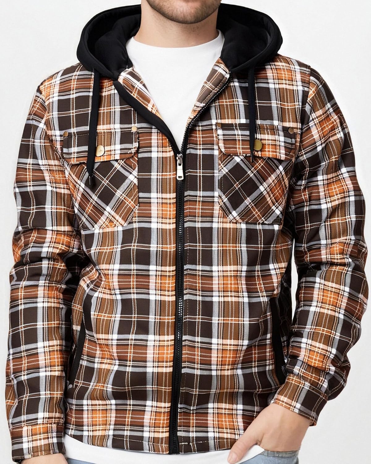 Men's Winter Cotton Plaid Shirts Jacket Warm Fleece Lined Flannel Hooded Shirt Jacket Coat for Men - Image 2