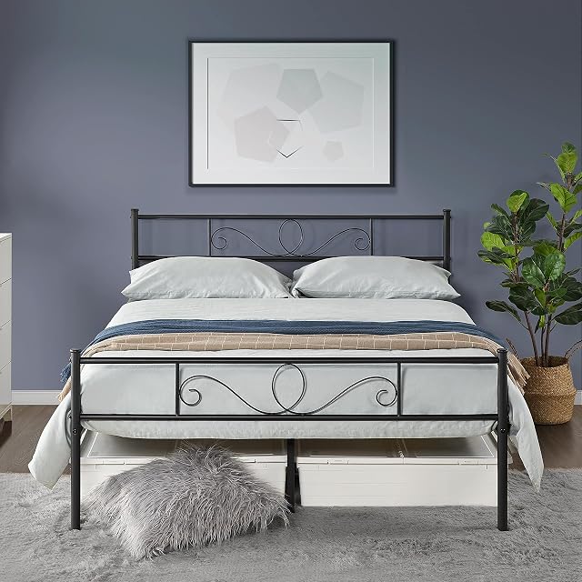Yaheetech Double Metal Bed Frame with Headboard and Footboard, Solid Metal Slat Bed with Storage, for Adults and Teenagers, Fits for 140x190 CM Mattress, Black