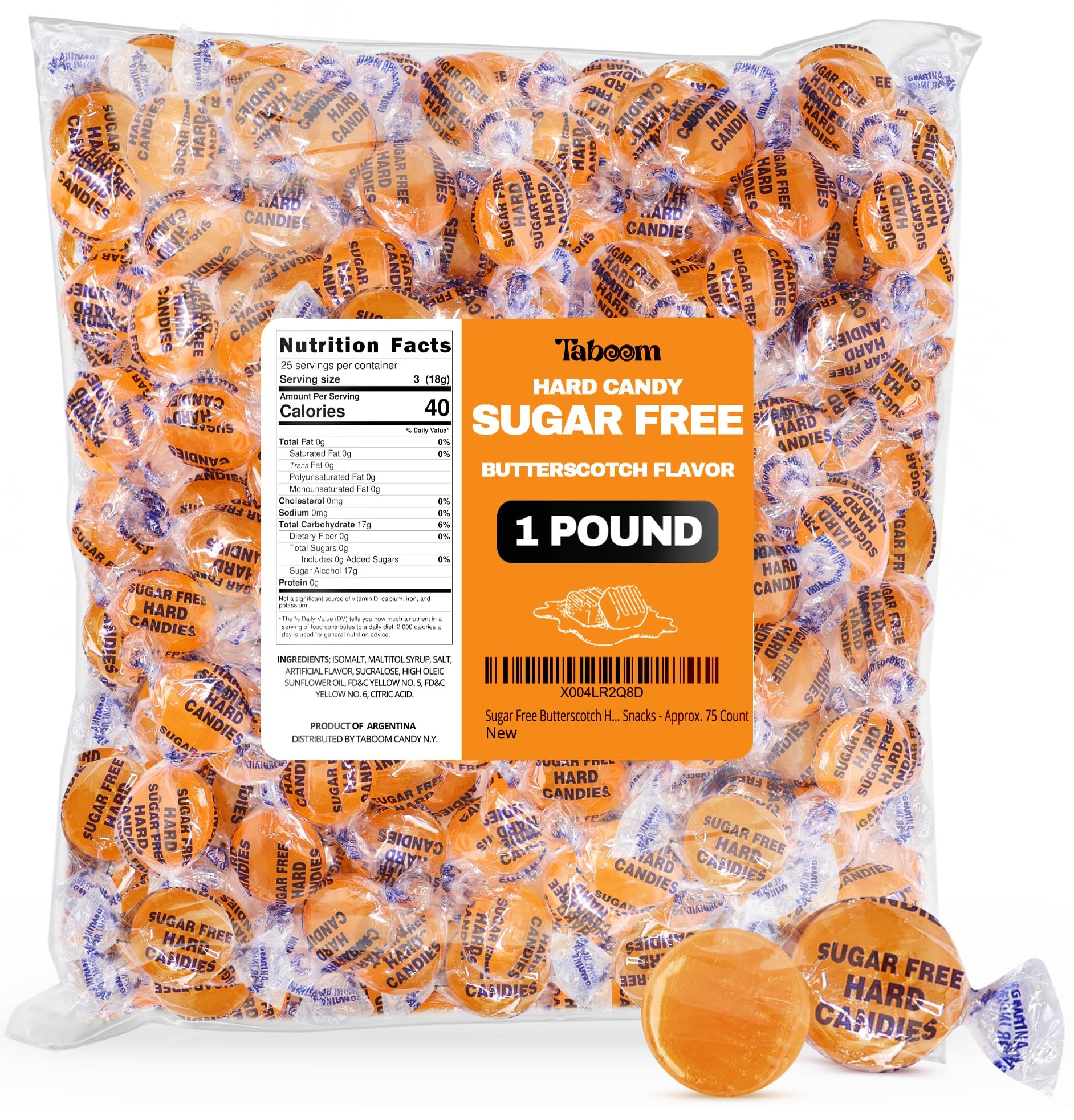 Sugar Free Butterscotch Hard Candy Bulk Bag Holiday Candies - 1 Pound Approx. 75 Individually Wrapped Butter Scotch Flavored Sugar Free Candy For Treats & Snacks - Taboom Candy