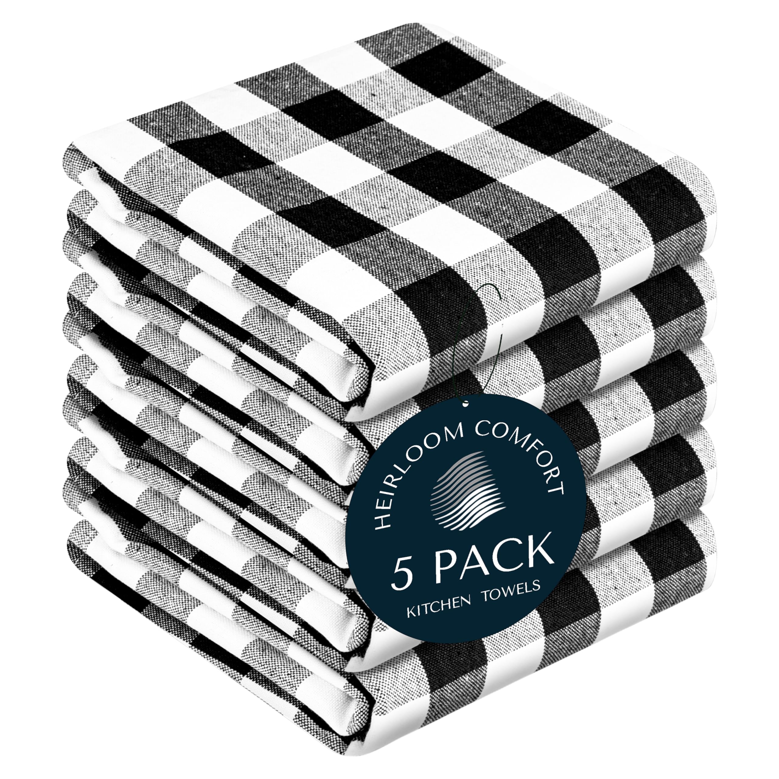 HEIRLOOM COMFORT Gingham Check Kitchen Towels 5 Pack, 45x66 cm, 100% Cotton, Super Absorbent & Quick Dry, Durable Dish Towel for Drying Dishes, Machine Washable, Everyday Use - Black, White