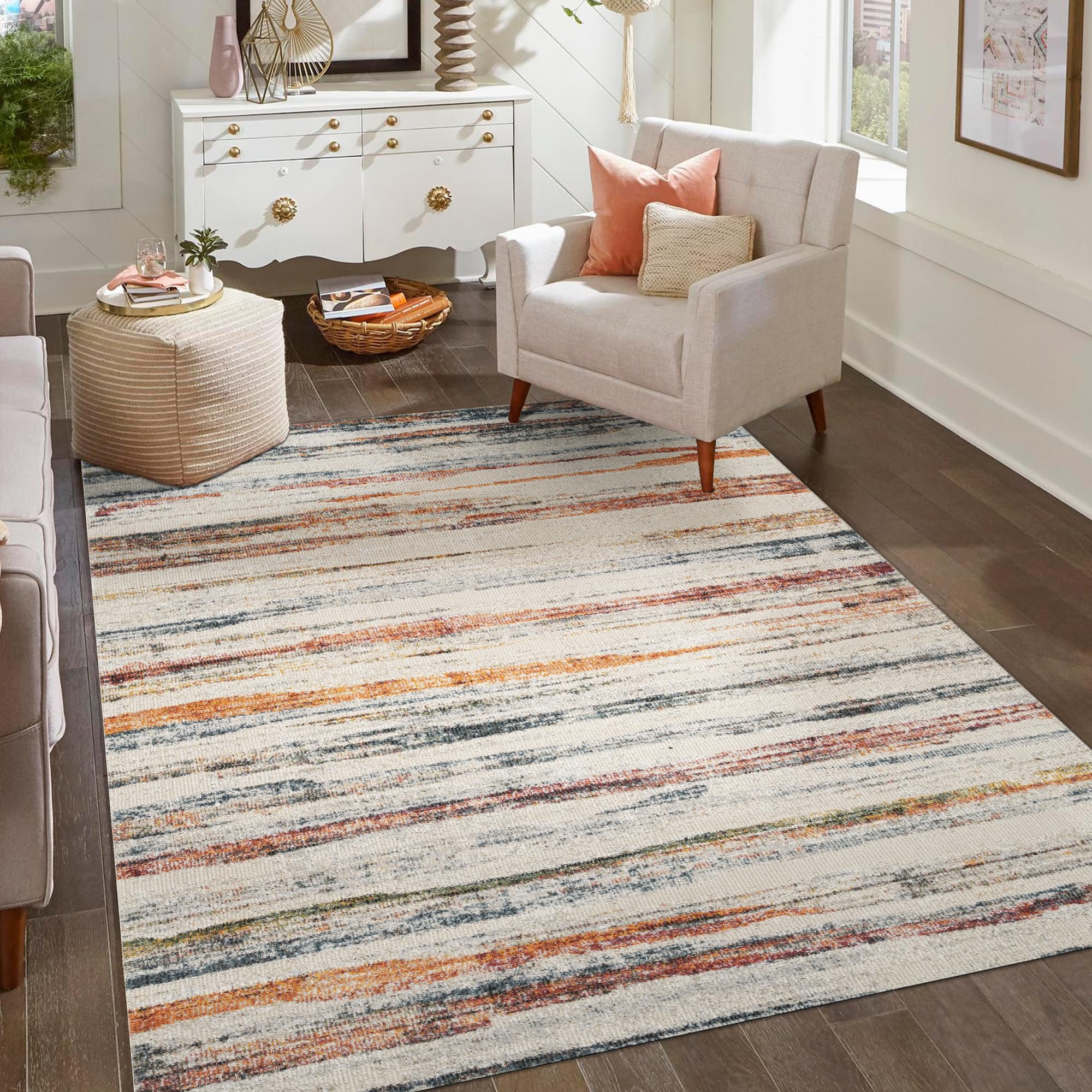  - Aress Washable Modern Living Room Area Rug -Low Pile Line Design Muti Coloured 120Cm X 170Cm